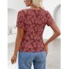 MEROKEETY Women’s 2026 Summer Short Sleeve Floral Mesh Top Dressy Casual Crewneck Ruched Fitted T Shirt Blouse Spring Clothes(Wine)