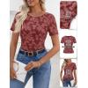 MEROKEETY Women’s 2026 Summer Short Sleeve Floral Mesh Top Dressy Casual Crewneck Ruched Fitted T Shirt Blouse Spring Clothes(Wine)