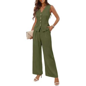 MEROKEETY Women’s 2 Piece Outfits Summer 2026 Sleeveless Suit Vest Wide Leg Pants Business Work Casual Blazer Sets(Army)