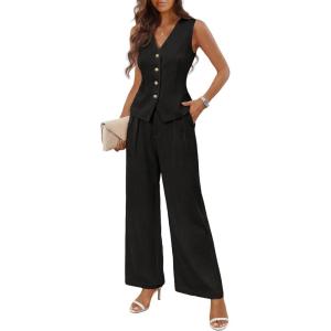 MEROKEETY Women’s 2 Piece Outfits Summer 2026 Sleeveless Suit Vest Wide Leg Pants Business Work Casual Blazer Sets(Black)