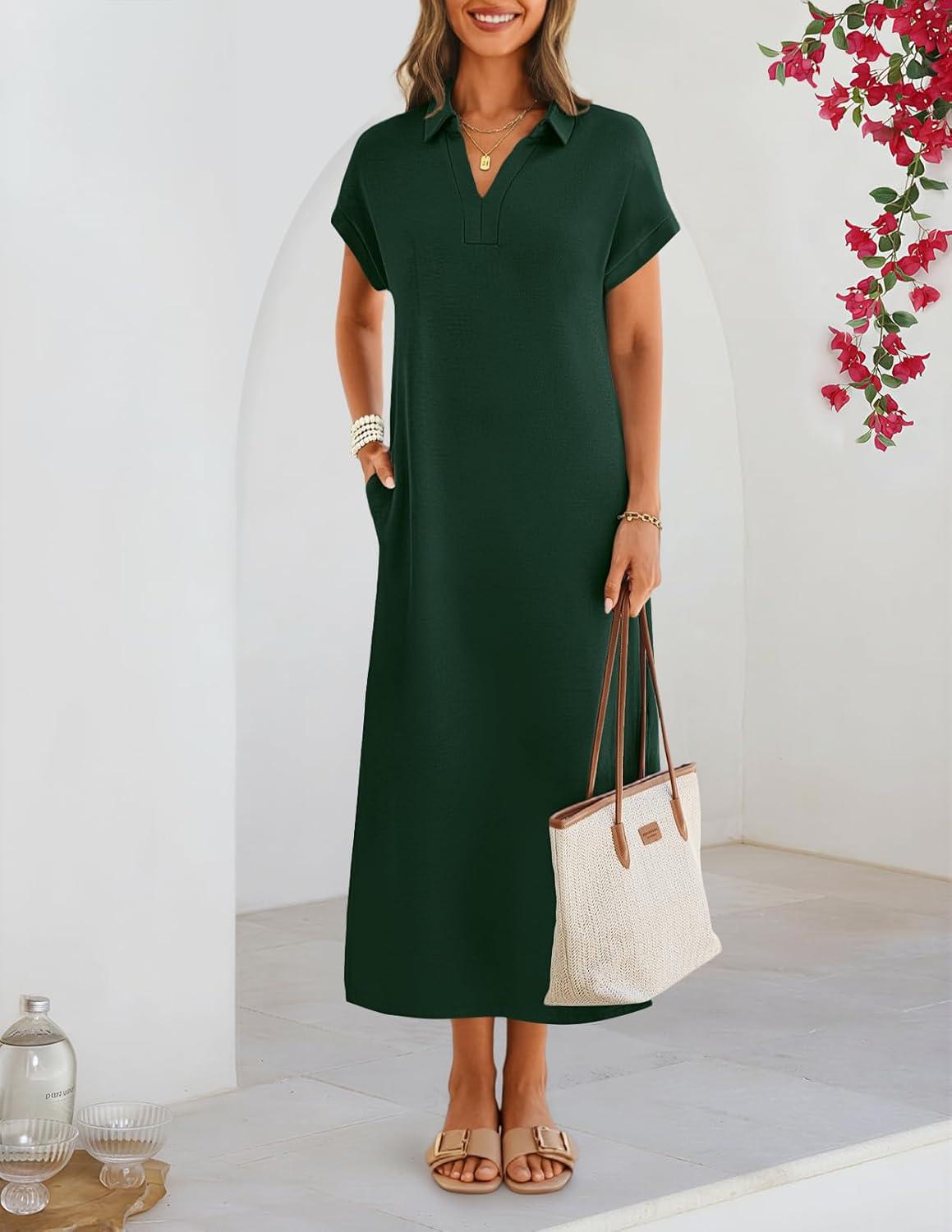 imageMEROKEETY Womens Summer Casual Maxi Dress 2026 Cap Sleeve V Neck Collared Beach Vacation T Shirt Long DressesDarkgreen