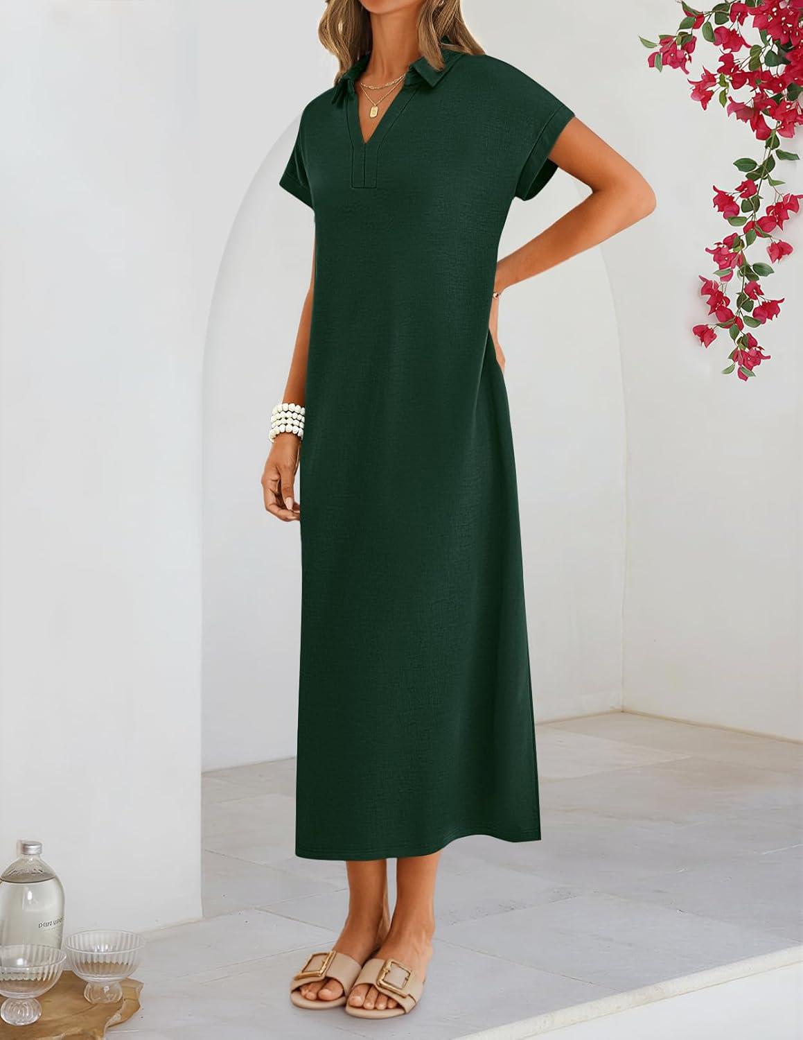 imageMEROKEETY Womens Summer Casual Maxi Dress 2026 Cap Sleeve V Neck Collared Beach Vacation T Shirt Long DressesDarkgreen