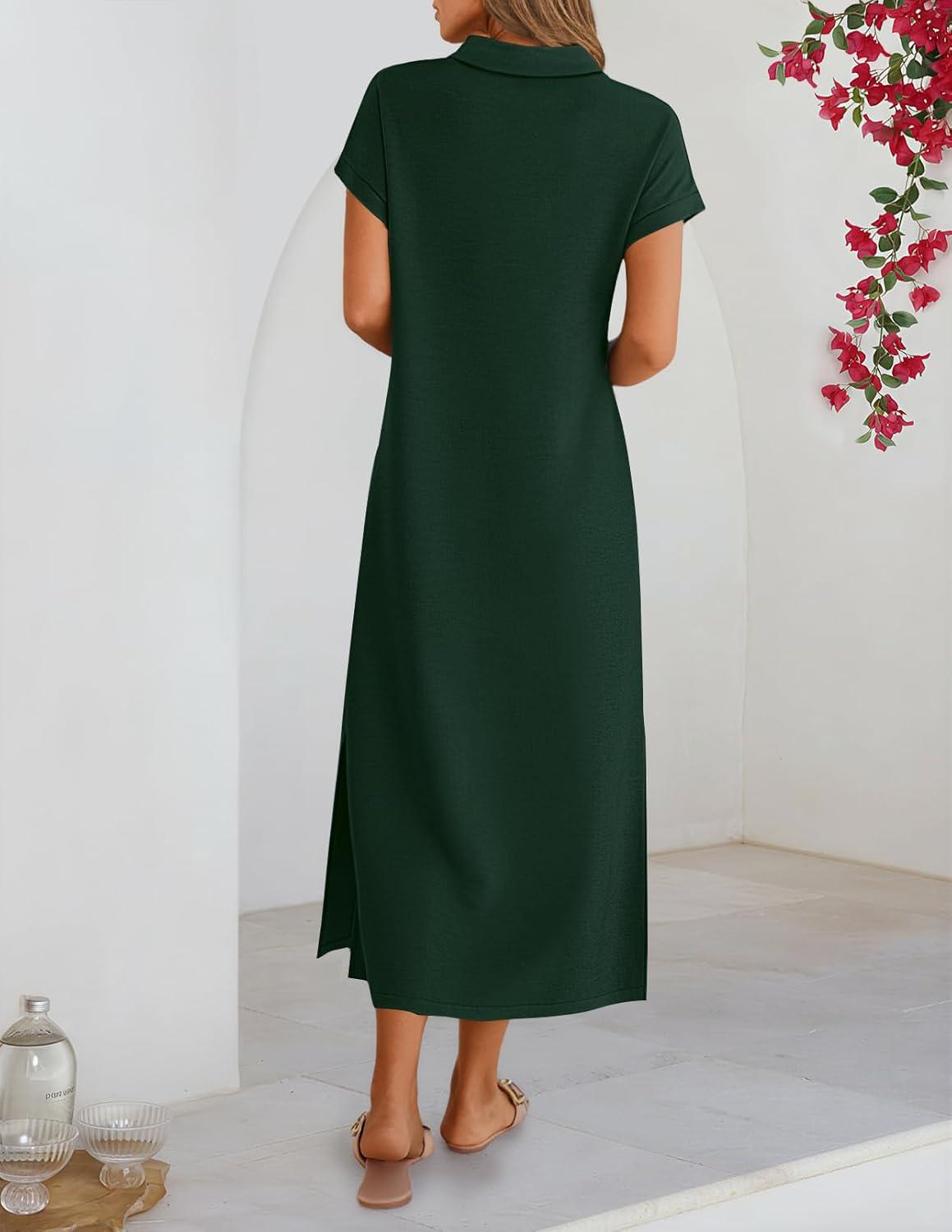 imageMEROKEETY Womens Summer Casual Maxi Dress 2026 Cap Sleeve V Neck Collared Beach Vacation T Shirt Long DressesDarkgreen