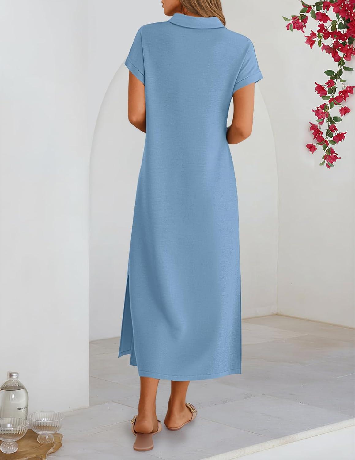 imageMEROKEETY Womens Summer Casual Maxi Dress 2026 Cap Sleeve V Neck Collared Beach Vacation T Shirt Long DressesLightblue