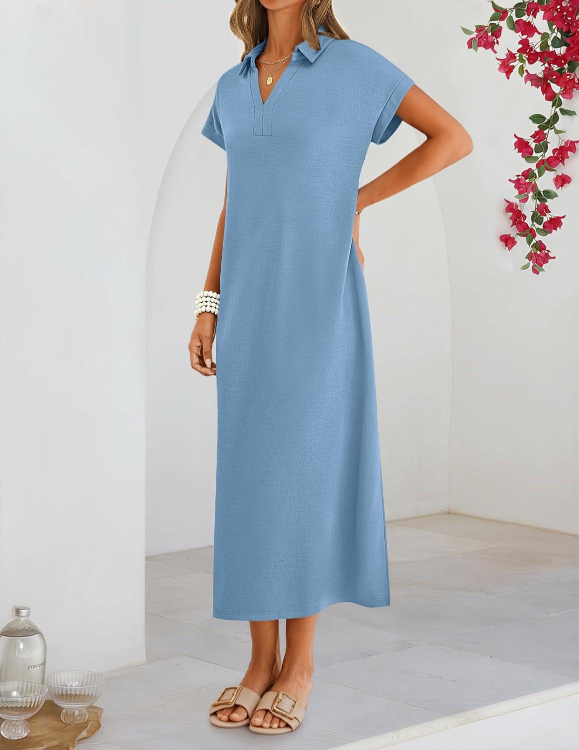 imageMEROKEETY Womens Summer Casual Maxi Dress 2026 Cap Sleeve V Neck Collared Beach Vacation T Shirt Long DressesLightblue