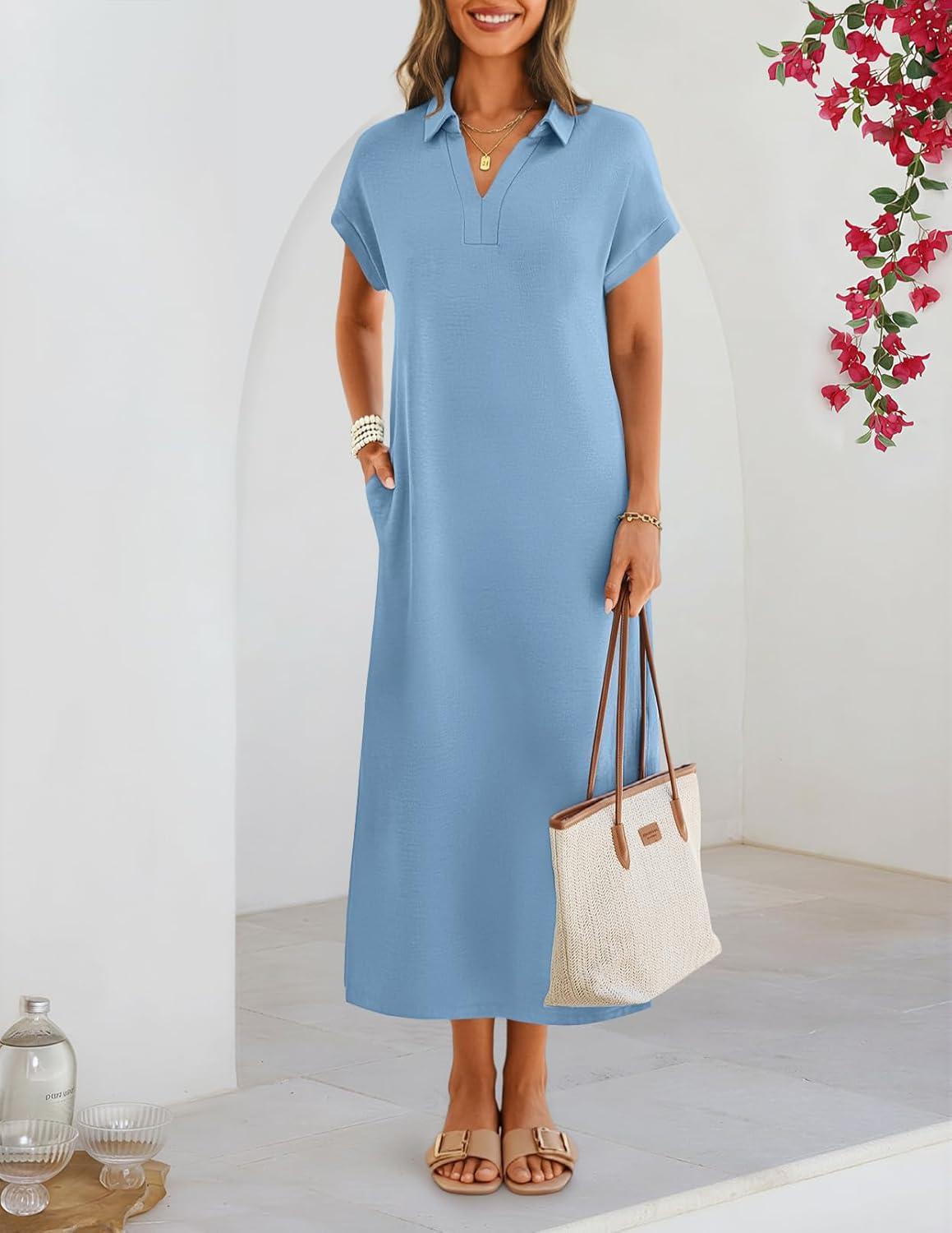 imageMEROKEETY Womens Summer Casual Maxi Dress 2026 Cap Sleeve V Neck Collared Beach Vacation T Shirt Long DressesLightblue