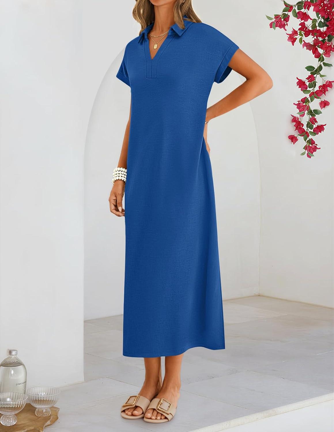 imageMEROKEETY Womens Summer Casual Maxi Dress 2026 Cap Sleeve V Neck Collared Beach Vacation T Shirt Long DressesRoyalblue