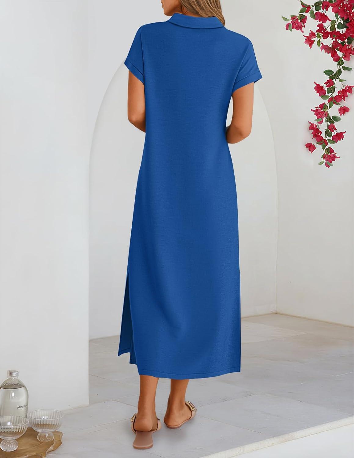imageMEROKEETY Womens Summer Casual Maxi Dress 2026 Cap Sleeve V Neck Collared Beach Vacation T Shirt Long DressesRoyalblue