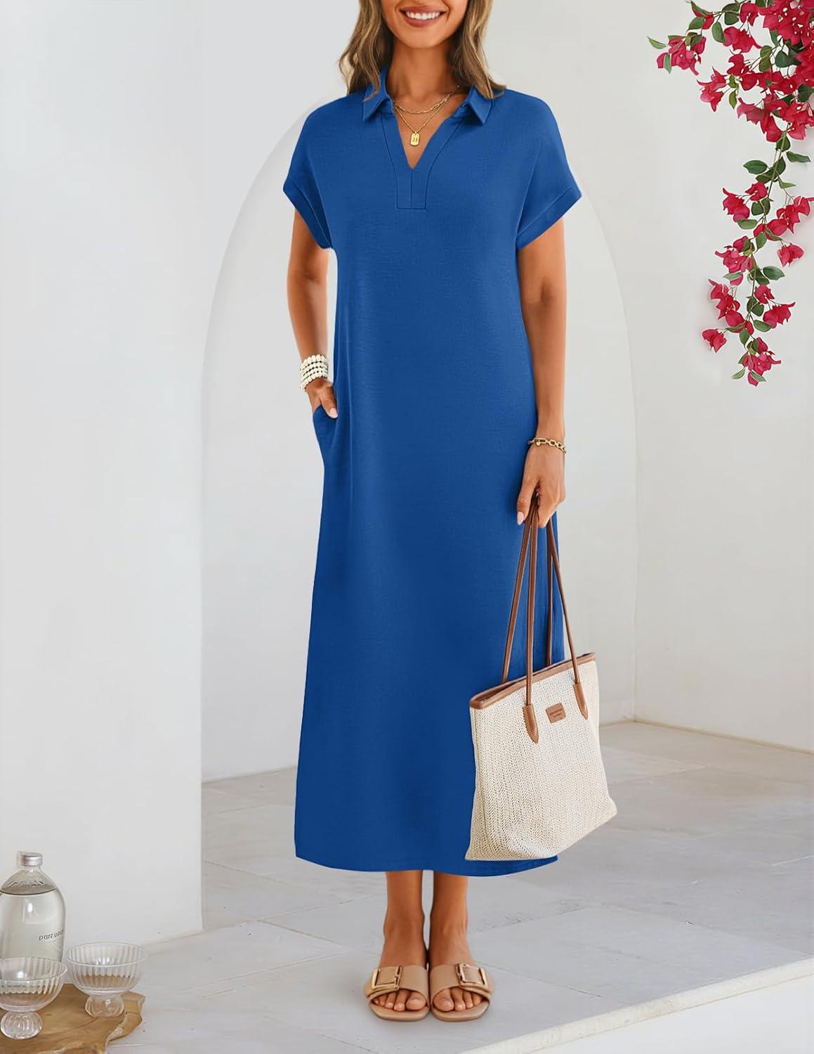 imageMEROKEETY Womens Summer Casual Maxi Dress 2026 Cap Sleeve V Neck Collared Beach Vacation T Shirt Long DressesRoyalblue