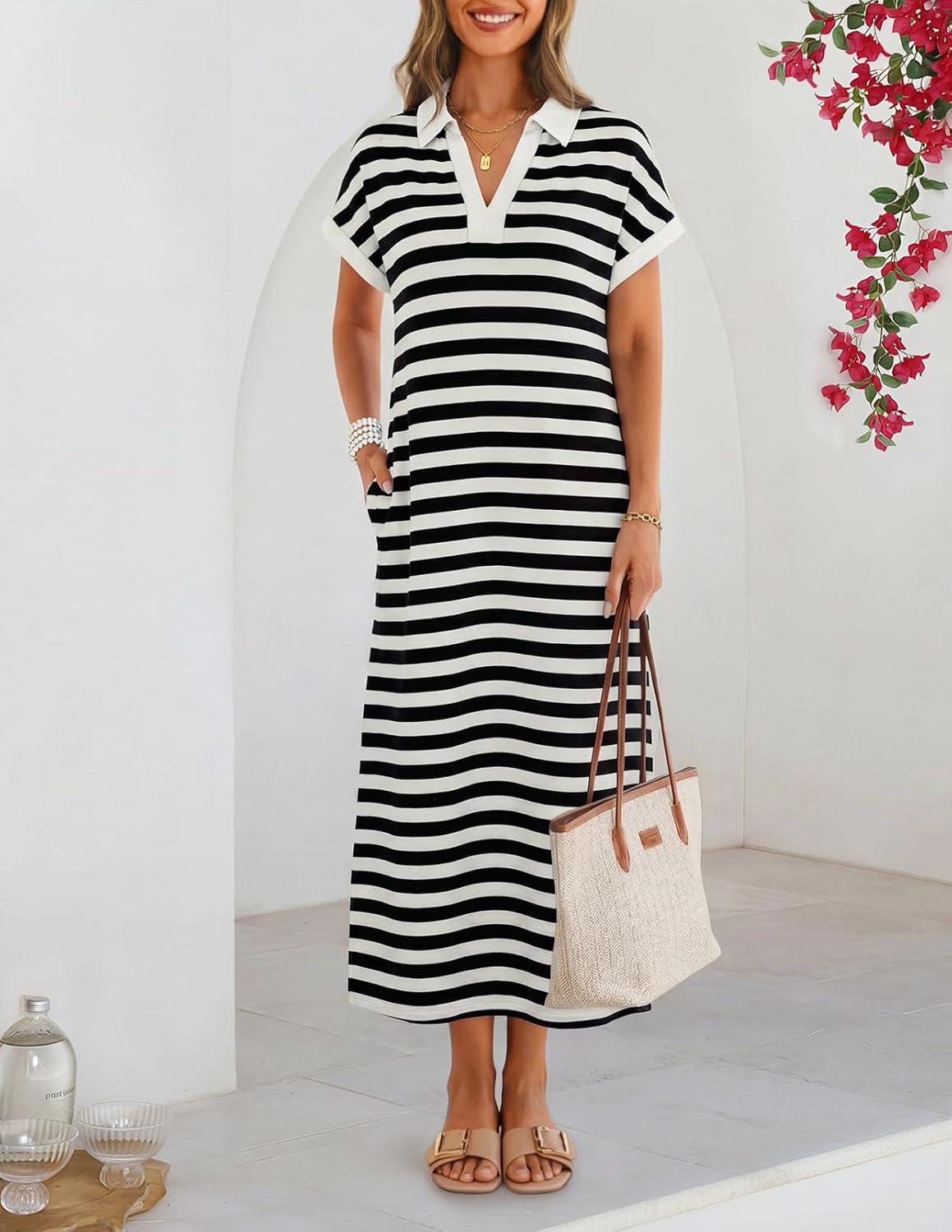 imageMEROKEETY Womens Summer Casual Maxi Dress 2026 Cap Sleeve V Neck Collared Beach Vacation T Shirt Long DressesStripedblack