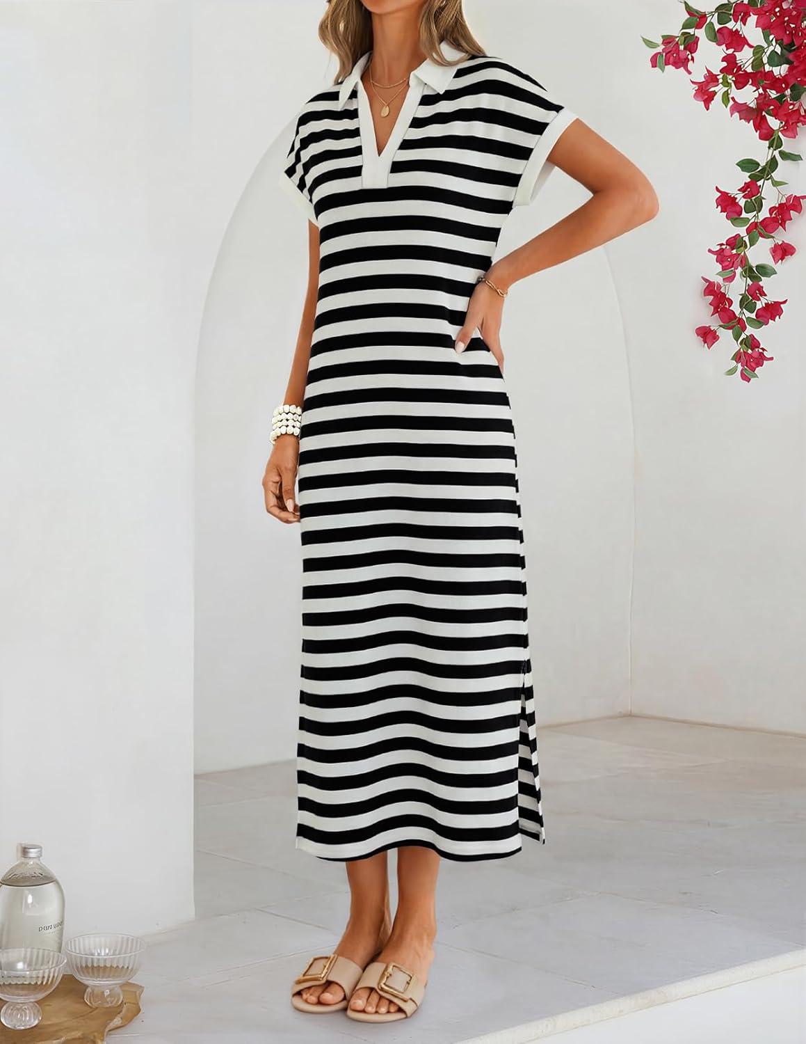 imageMEROKEETY Womens Summer Casual Maxi Dress 2026 Cap Sleeve V Neck Collared Beach Vacation T Shirt Long DressesStripedblack