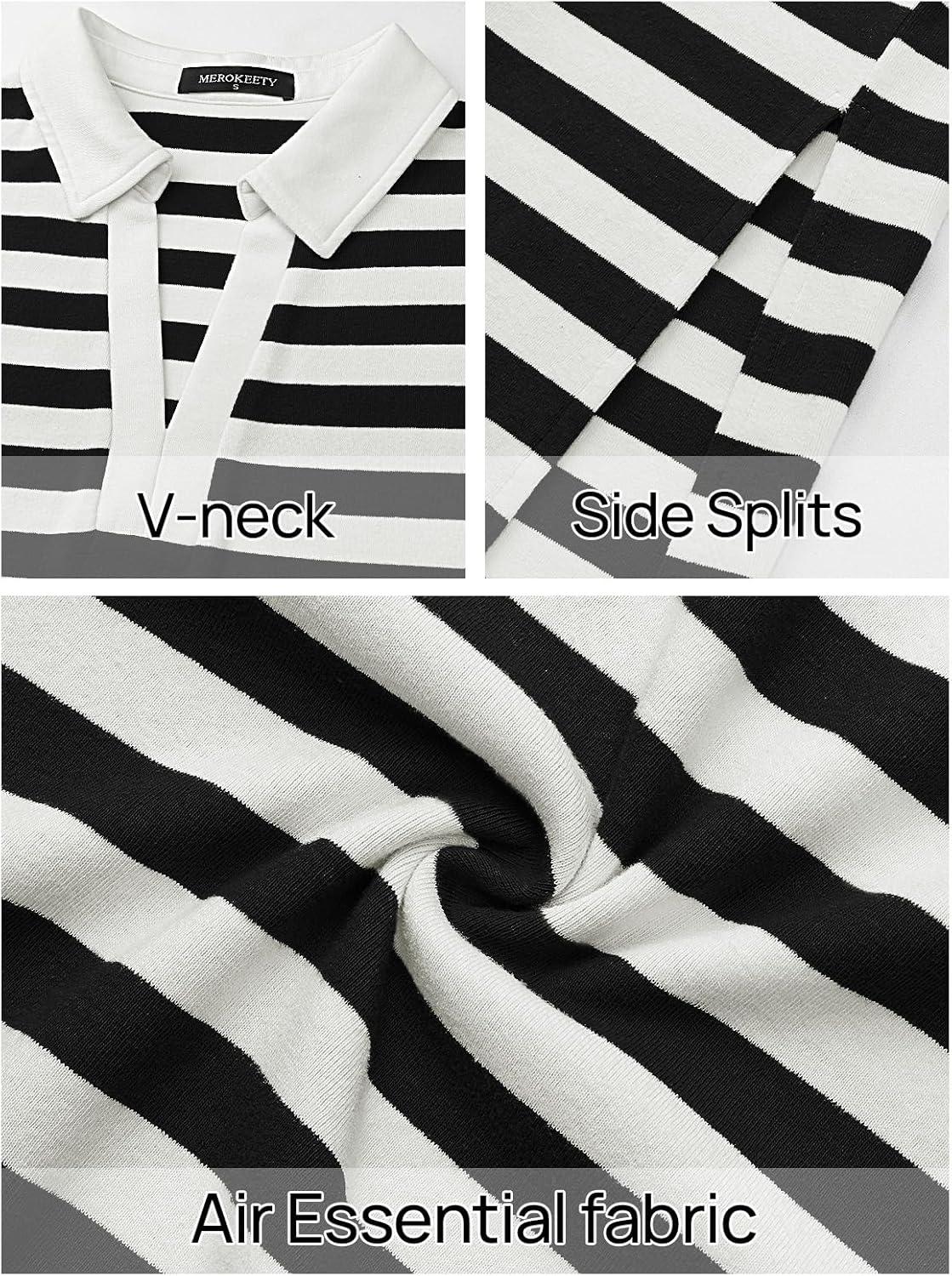 imageMEROKEETY Womens Summer Casual Maxi Dress 2026 Cap Sleeve V Neck Collared Beach Vacation T Shirt Long DressesStripedblack