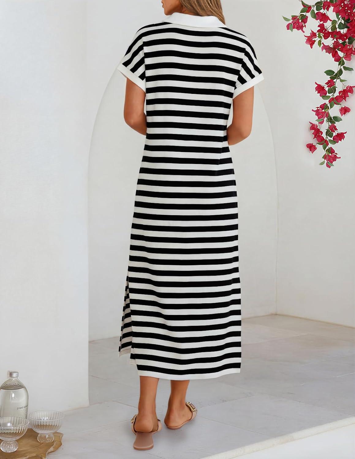 imageMEROKEETY Womens Summer Casual Maxi Dress 2026 Cap Sleeve V Neck Collared Beach Vacation T Shirt Long DressesStripedblack