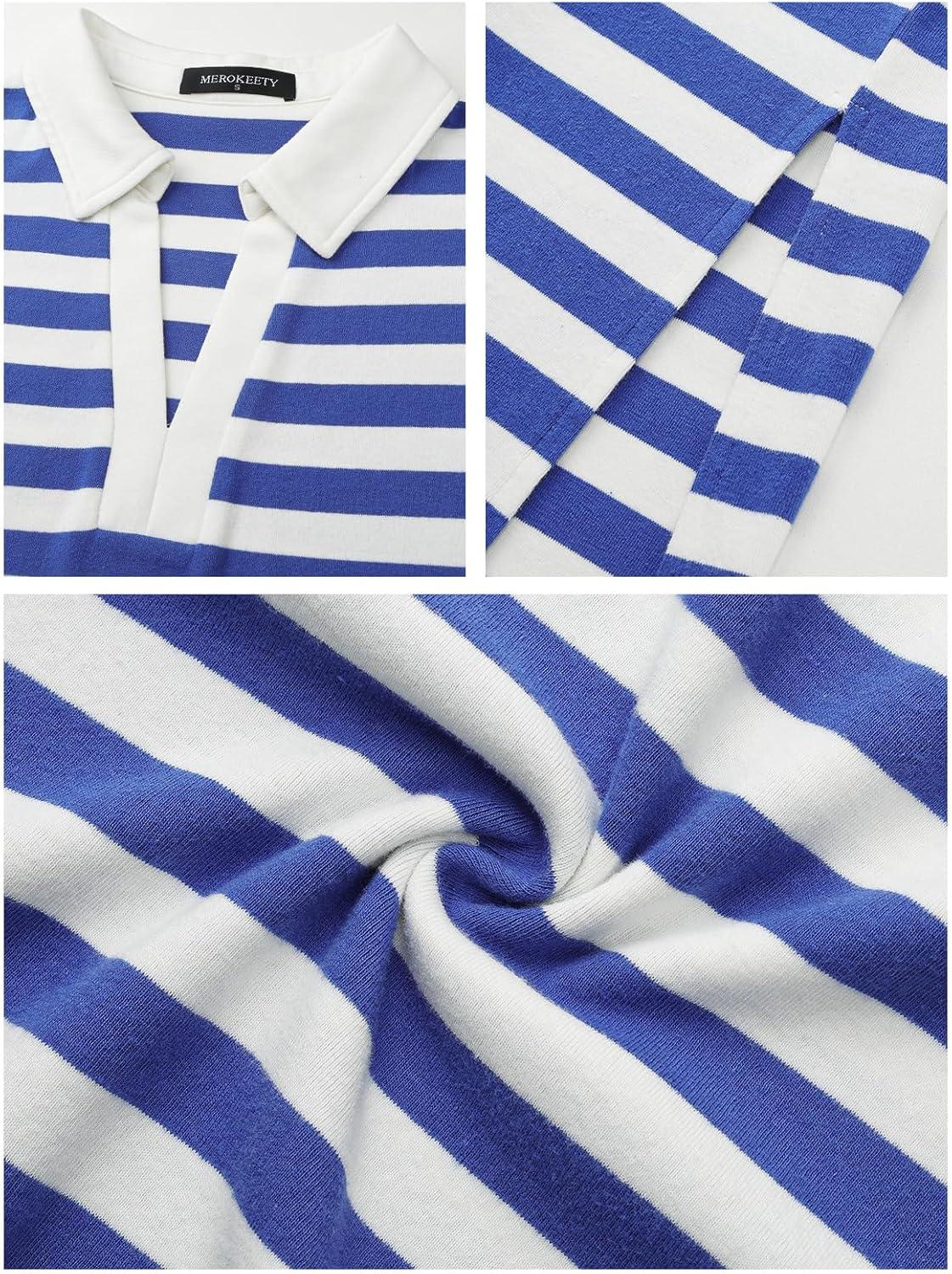 imageMEROKEETY Womens Summer Casual Maxi Dress 2026 Cap Sleeve V Neck Collared Beach Vacation T Shirt Long DressesStripedblue