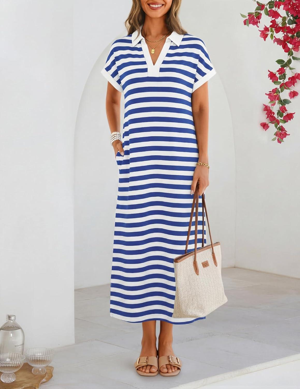 imageMEROKEETY Womens Summer Casual Maxi Dress 2026 Cap Sleeve V Neck Collared Beach Vacation T Shirt Long DressesStripedblue