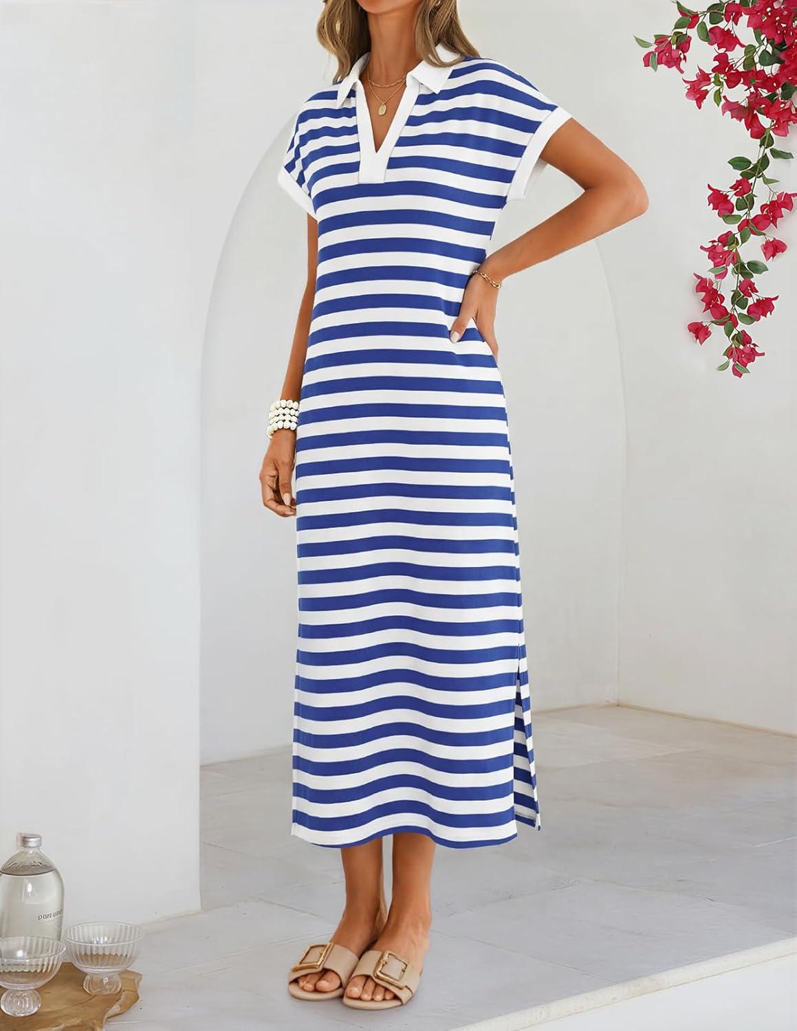 imageMEROKEETY Womens Summer Casual Maxi Dress 2026 Cap Sleeve V Neck Collared Beach Vacation T Shirt Long DressesStripedblue