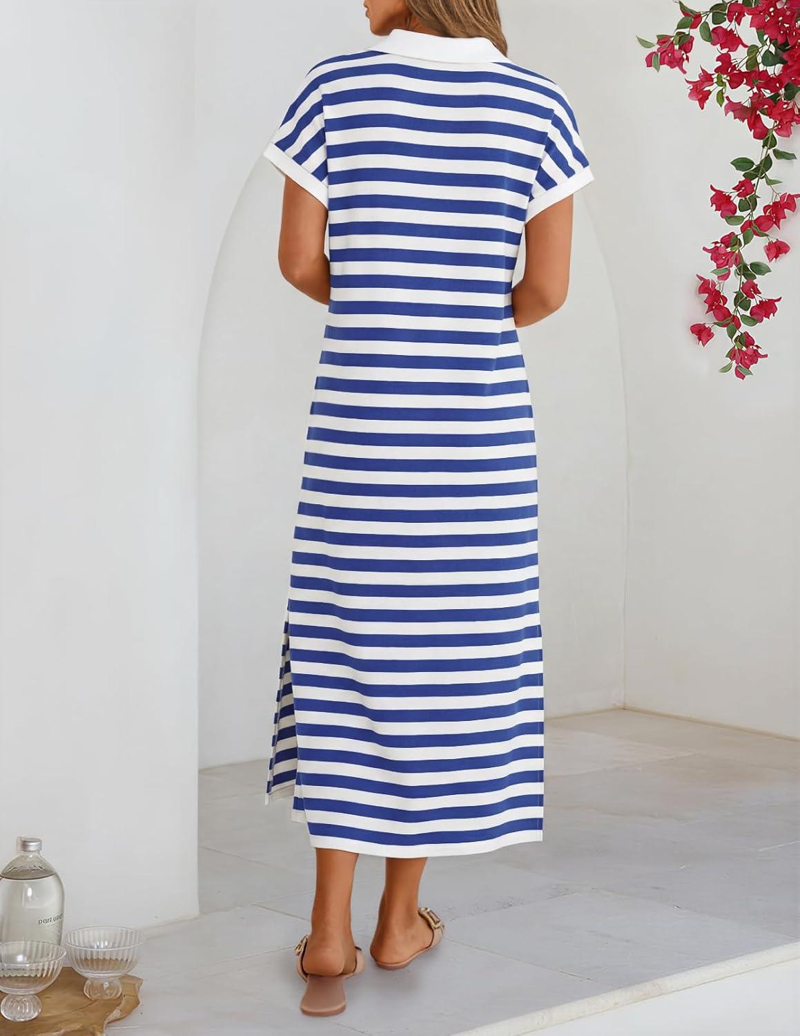 imageMEROKEETY Womens Summer Casual Maxi Dress 2026 Cap Sleeve V Neck Collared Beach Vacation T Shirt Long DressesStripedblue