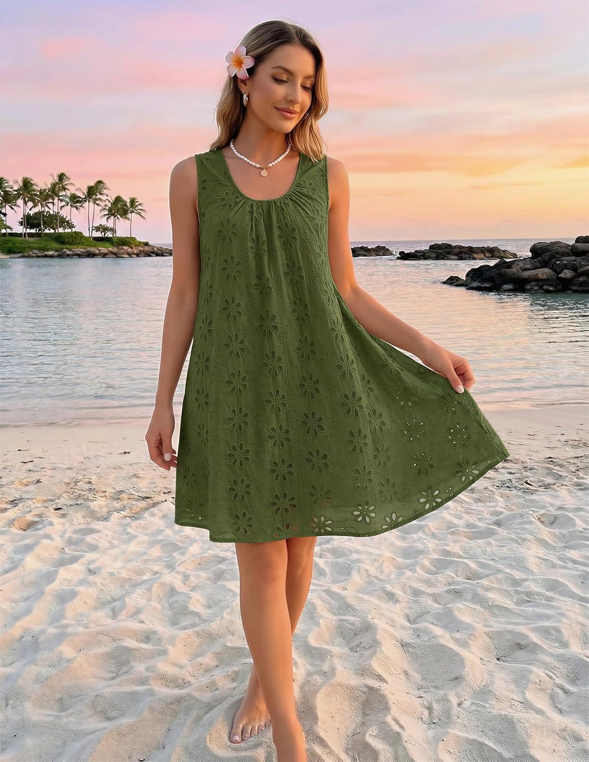 imageMEROKEETY Womens Summer Eyelet Hollow Out Sundress 2026 Sleeveless Swing A Line Boho Beach Vacation Mini Short DressesArmy Green
