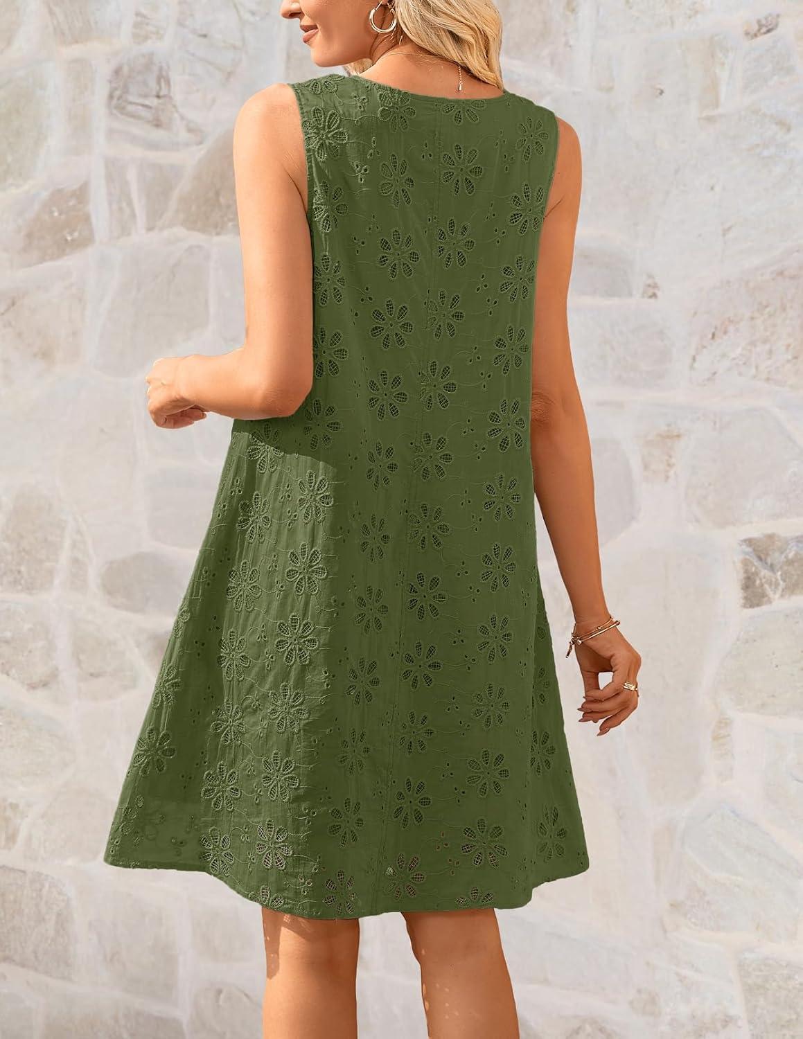 imageMEROKEETY Womens Summer Eyelet Hollow Out Sundress 2026 Sleeveless Swing A Line Boho Beach Vacation Mini Short DressesArmy Green