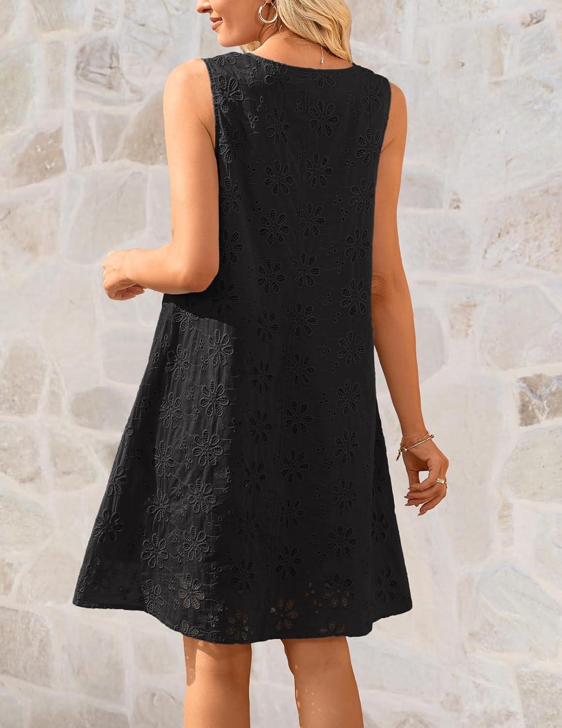 imageMEROKEETY Womens Summer Eyelet Hollow Out Sundress 2026 Sleeveless Swing A Line Boho Beach Vacation Mini Short DressesBlack