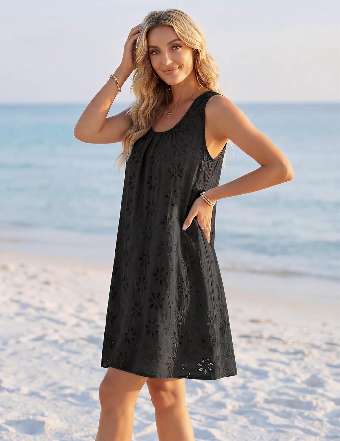imageMEROKEETY Womens Summer Eyelet Hollow Out Sundress 2026 Sleeveless Swing A Line Boho Beach Vacation Mini Short DressesBlack