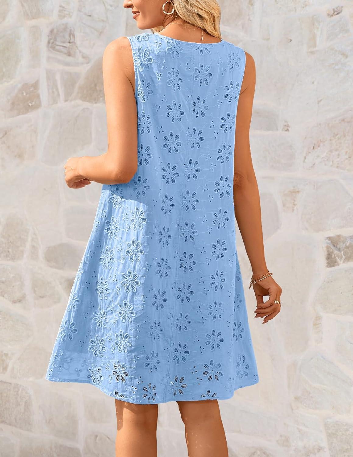 imageMEROKEETY Womens Summer Eyelet Hollow Out Sundress 2026 Sleeveless Swing A Line Boho Beach Vacation Mini Short DressesBlue