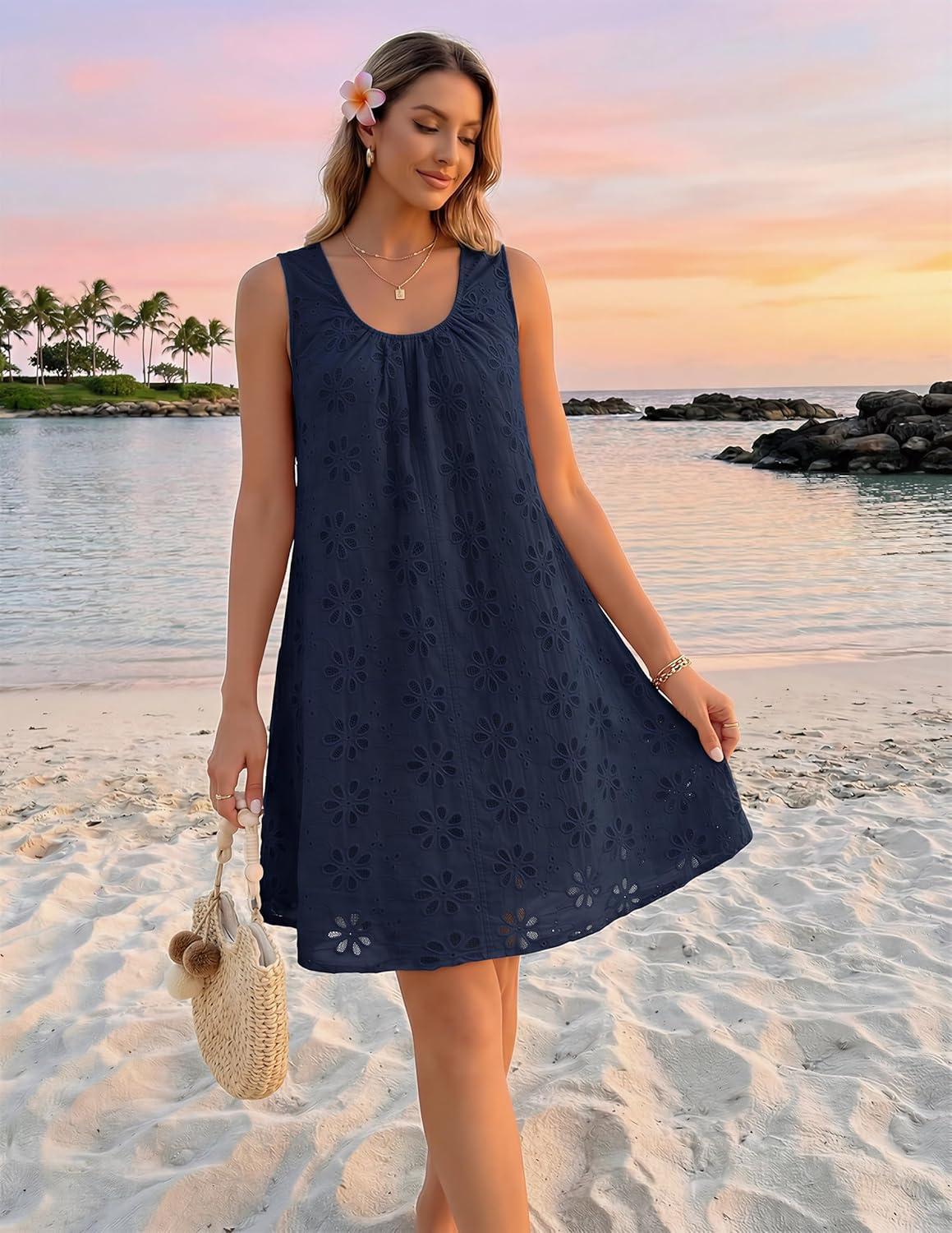 imageMEROKEETY Womens Summer Eyelet Hollow Out Sundress 2026 Sleeveless Swing A Line Boho Beach Vacation Mini Short DressesNavy