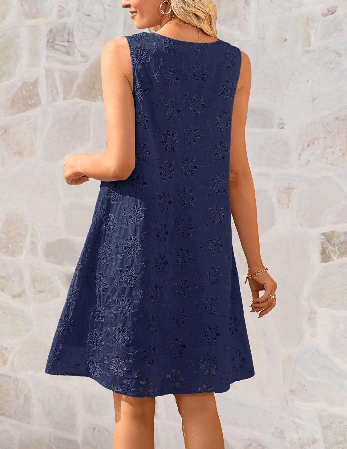imageMEROKEETY Womens Summer Eyelet Hollow Out Sundress 2026 Sleeveless Swing A Line Boho Beach Vacation Mini Short DressesNavy