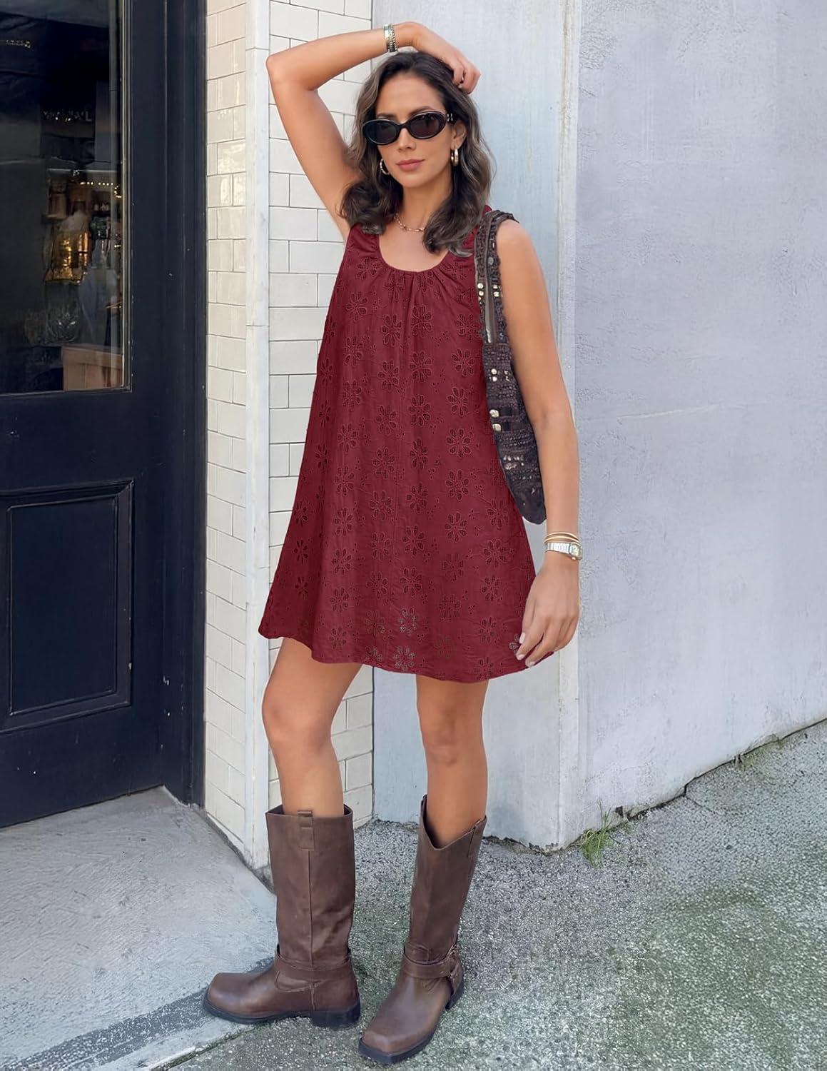 imageMEROKEETY Womens Summer Eyelet Hollow Out Sundress 2026 Sleeveless Swing A Line Boho Beach Vacation Mini Short DressesWine