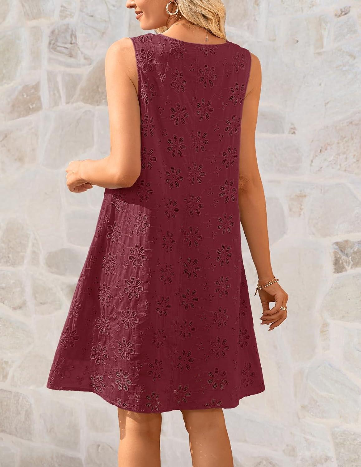 imageMEROKEETY Womens Summer Eyelet Hollow Out Sundress 2026 Sleeveless Swing A Line Boho Beach Vacation Mini Short DressesWine