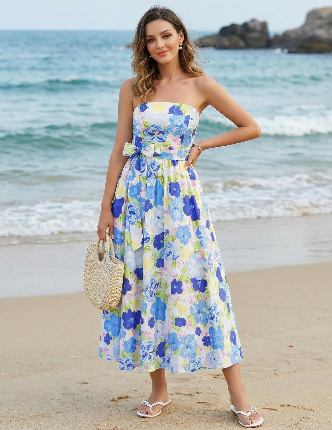 imageMEROKEETY Womens Summer Floral Maxi Dresses 2026 Strapless Tube Smocked Tie Boho Beach Wedding Guest Flowy Long SundressBlue