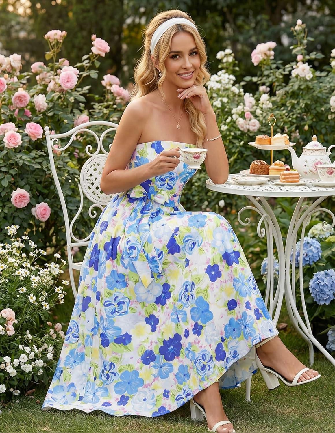 imageMEROKEETY Womens Summer Floral Maxi Dresses 2026 Strapless Tube Smocked Tie Boho Beach Wedding Guest Flowy Long SundressBlue