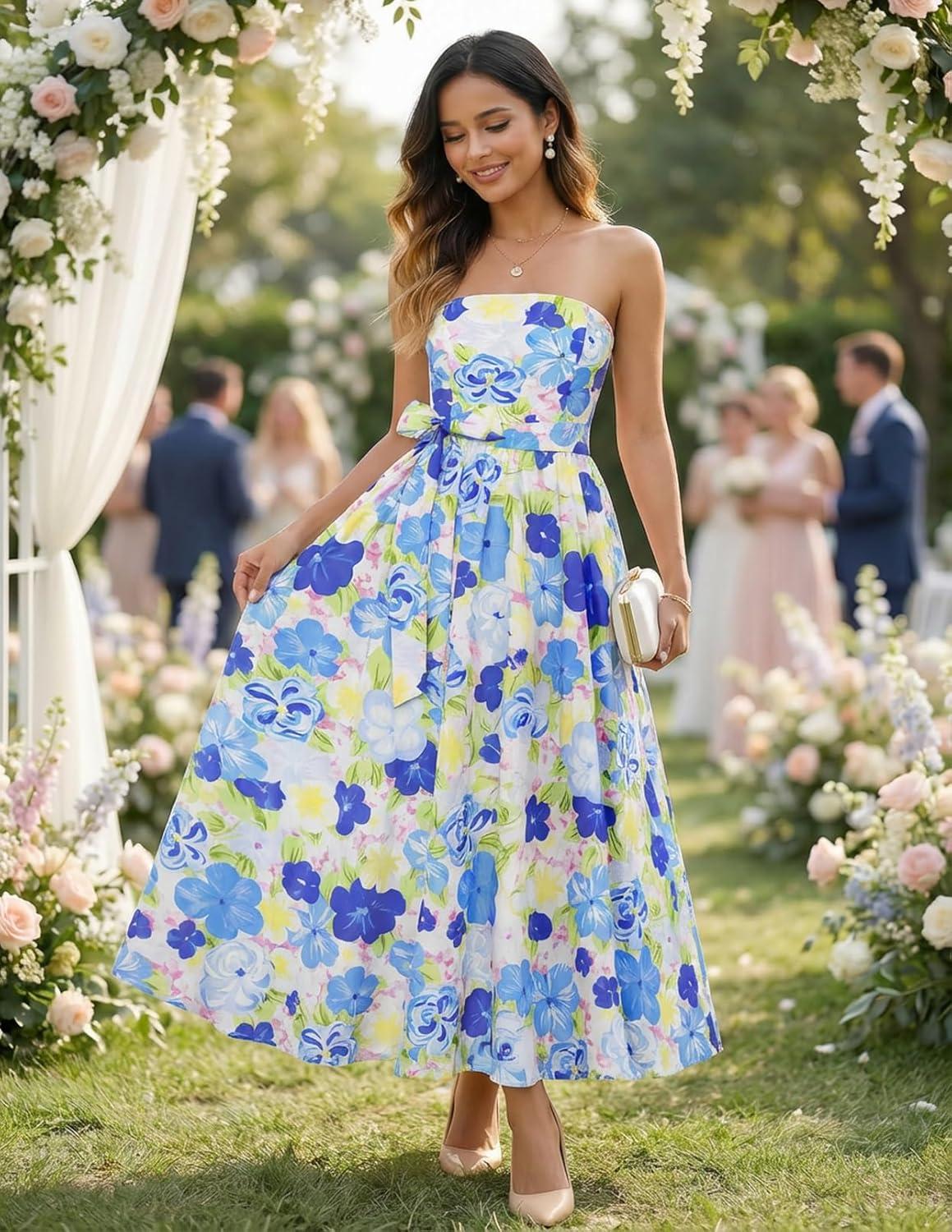 imageMEROKEETY Womens Summer Floral Maxi Dresses 2026 Strapless Tube Smocked Tie Boho Beach Wedding Guest Flowy Long SundressBlue