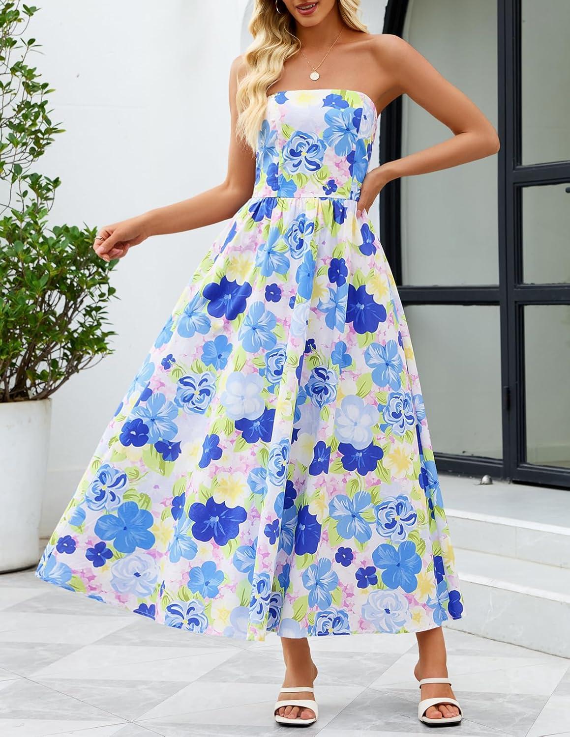 imageMEROKEETY Womens Summer Floral Maxi Dresses 2026 Strapless Tube Smocked Tie Boho Beach Wedding Guest Flowy Long SundressBlue