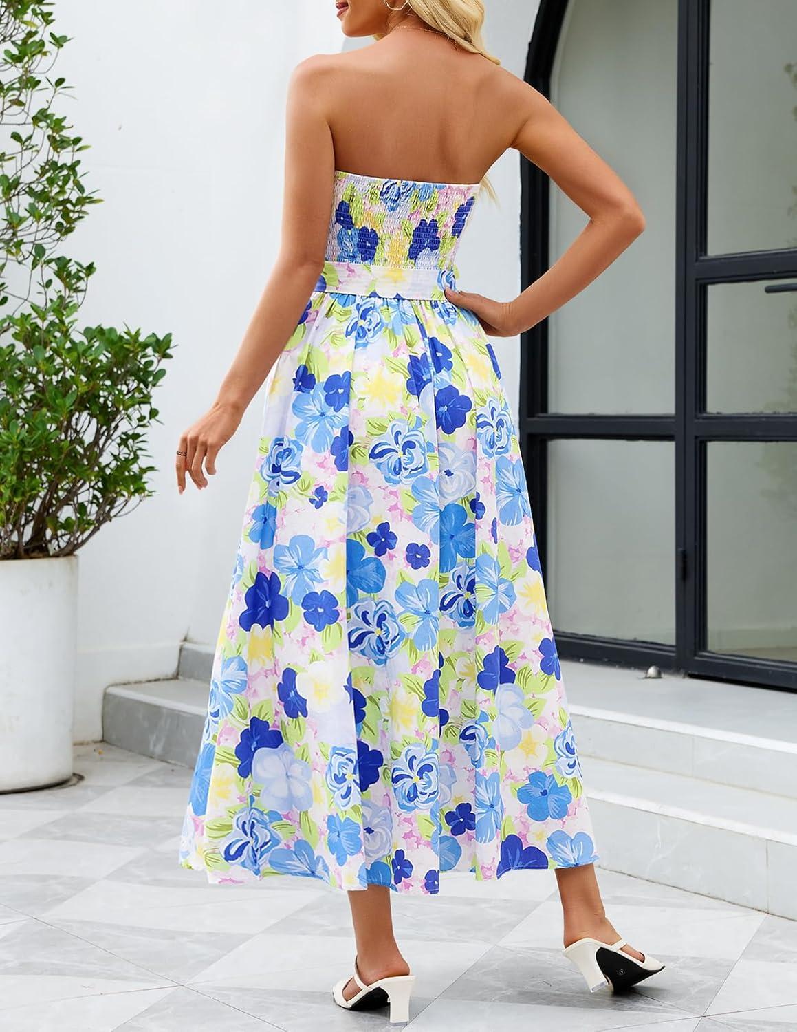 imageMEROKEETY Womens Summer Floral Maxi Dresses 2026 Strapless Tube Smocked Tie Boho Beach Wedding Guest Flowy Long SundressBlue