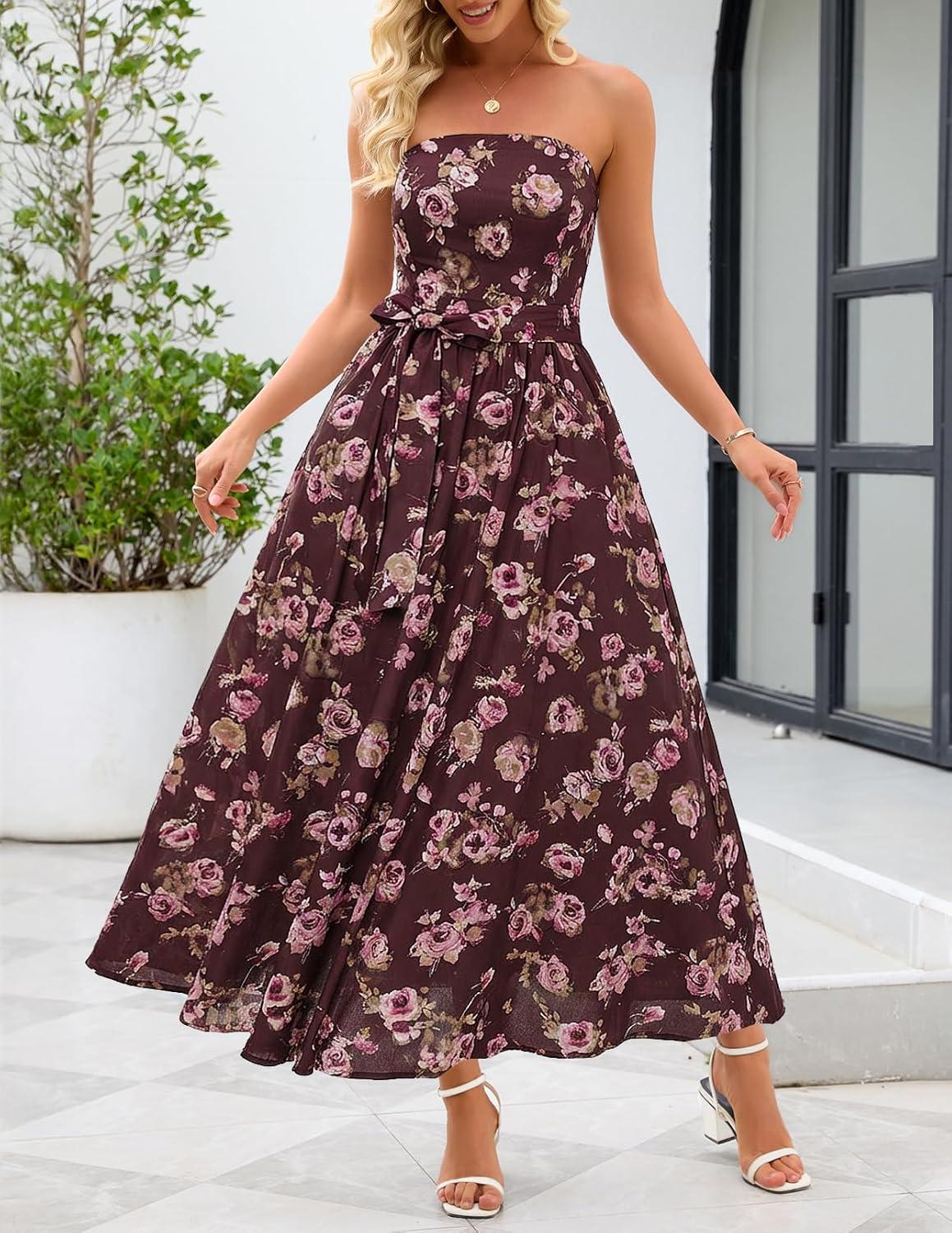 imageMEROKEETY Womens Summer Floral Maxi Dresses 2026 Strapless Tube Smocked Tie Boho Beach Wedding Guest Flowy Long SundressCoffee