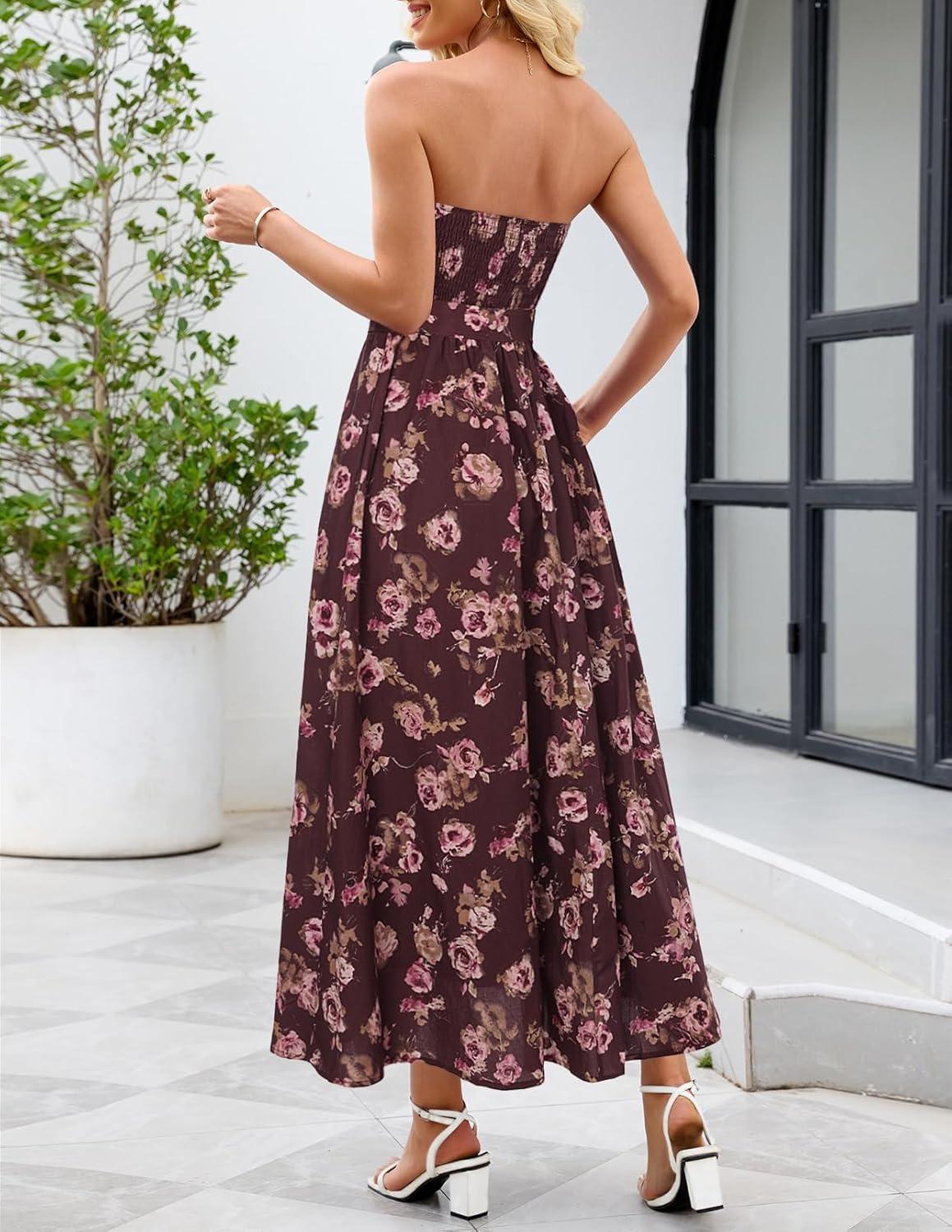 imageMEROKEETY Womens Summer Floral Maxi Dresses 2026 Strapless Tube Smocked Tie Boho Beach Wedding Guest Flowy Long SundressCoffee