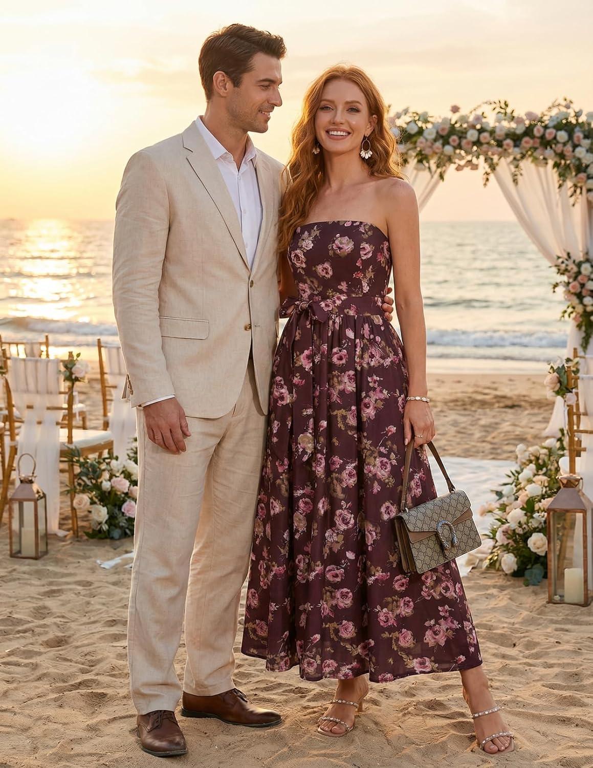 imageMEROKEETY Womens Summer Floral Maxi Dresses 2026 Strapless Tube Smocked Tie Boho Beach Wedding Guest Flowy Long SundressCoffee