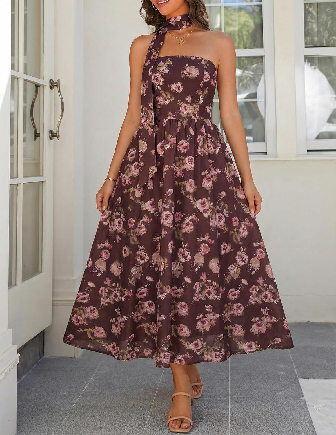 imageMEROKEETY Womens Summer Floral Maxi Dresses 2026 Strapless Tube Smocked Tie Boho Beach Wedding Guest Flowy Long SundressCoffee