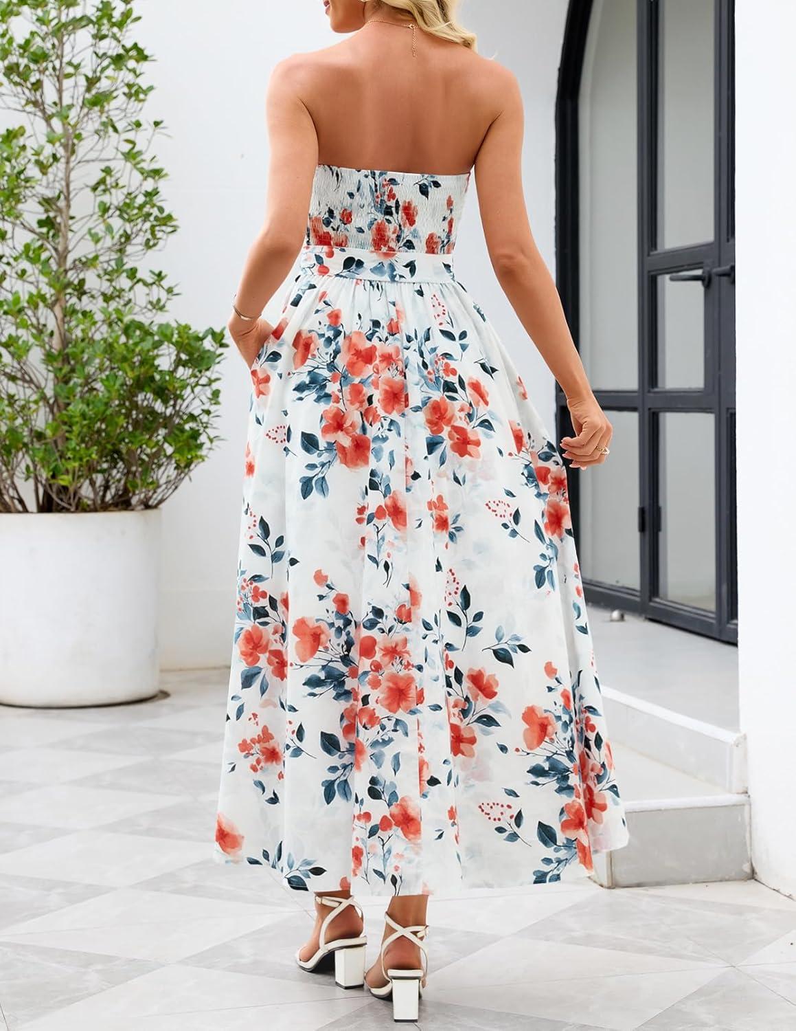 imageMEROKEETY Womens Summer Floral Maxi Dresses 2026 Strapless Tube Smocked Tie Boho Beach Wedding Guest Flowy Long SundressIvory