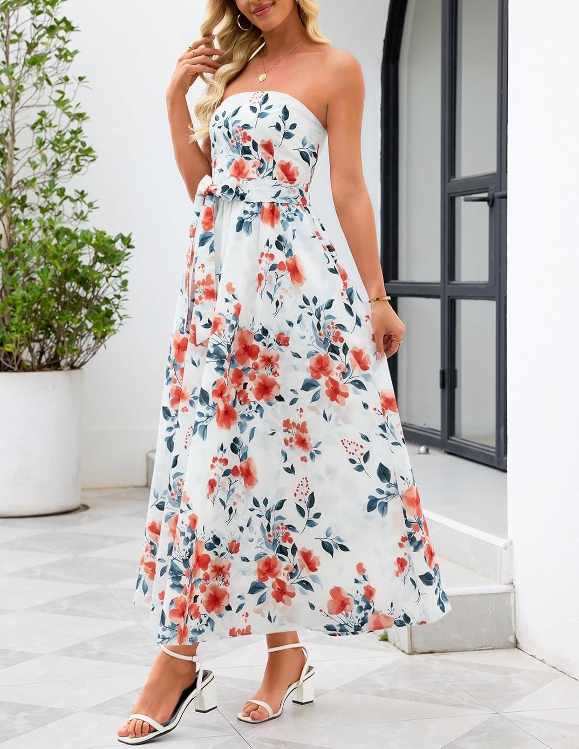 imageMEROKEETY Womens Summer Floral Maxi Dresses 2026 Strapless Tube Smocked Tie Boho Beach Wedding Guest Flowy Long SundressIvory