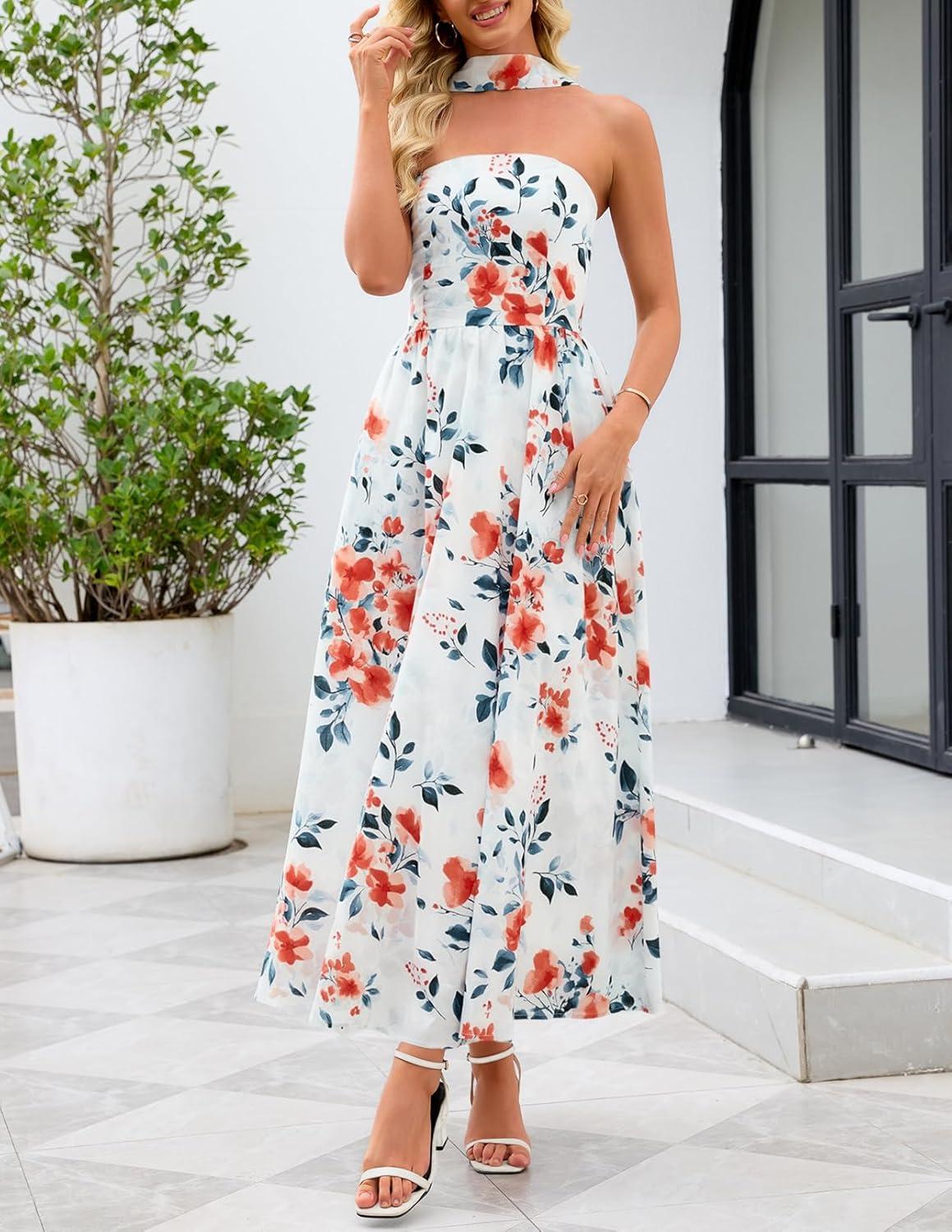 imageMEROKEETY Womens Summer Floral Maxi Dresses 2026 Strapless Tube Smocked Tie Boho Beach Wedding Guest Flowy Long SundressIvory