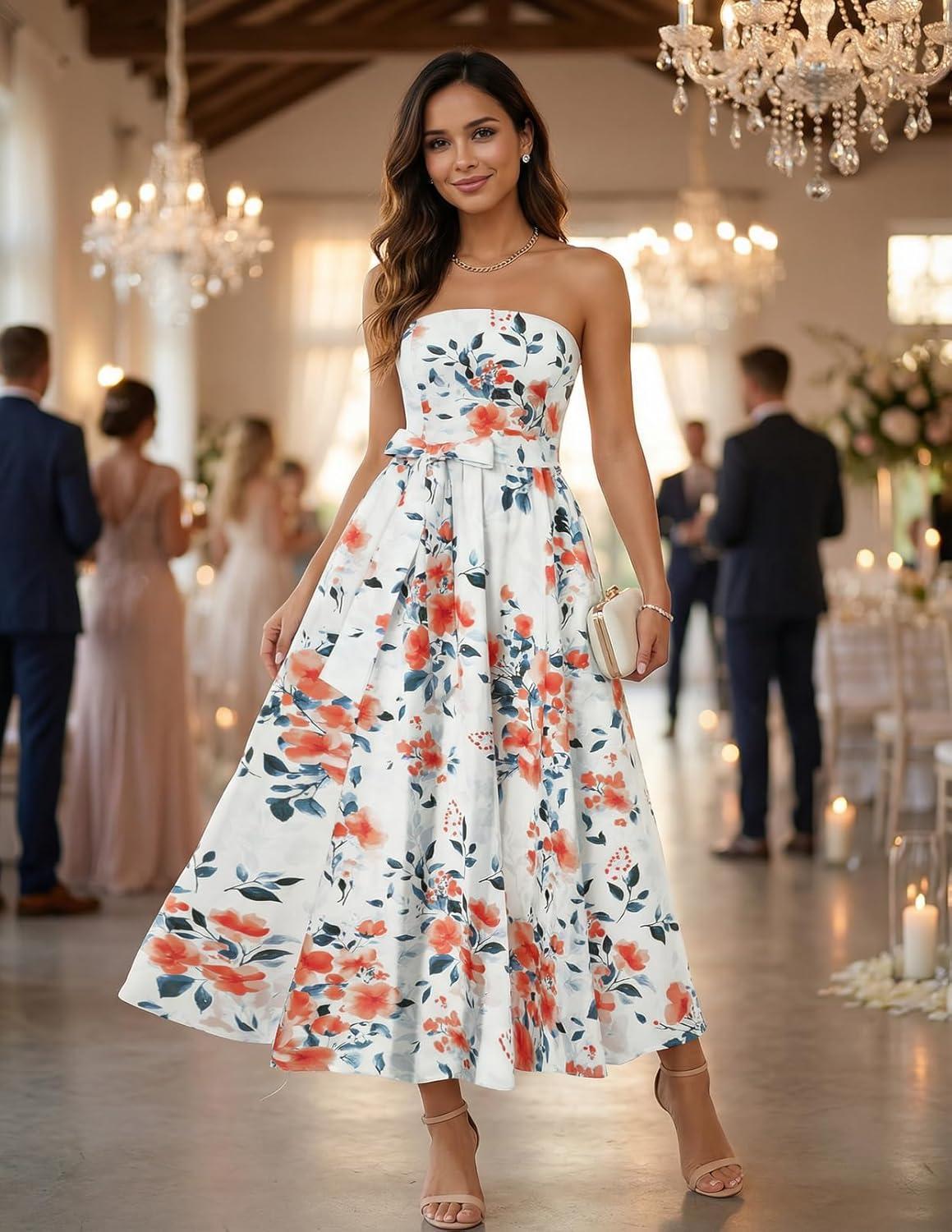 imageMEROKEETY Womens Summer Floral Maxi Dresses 2026 Strapless Tube Smocked Tie Boho Beach Wedding Guest Flowy Long SundressIvory