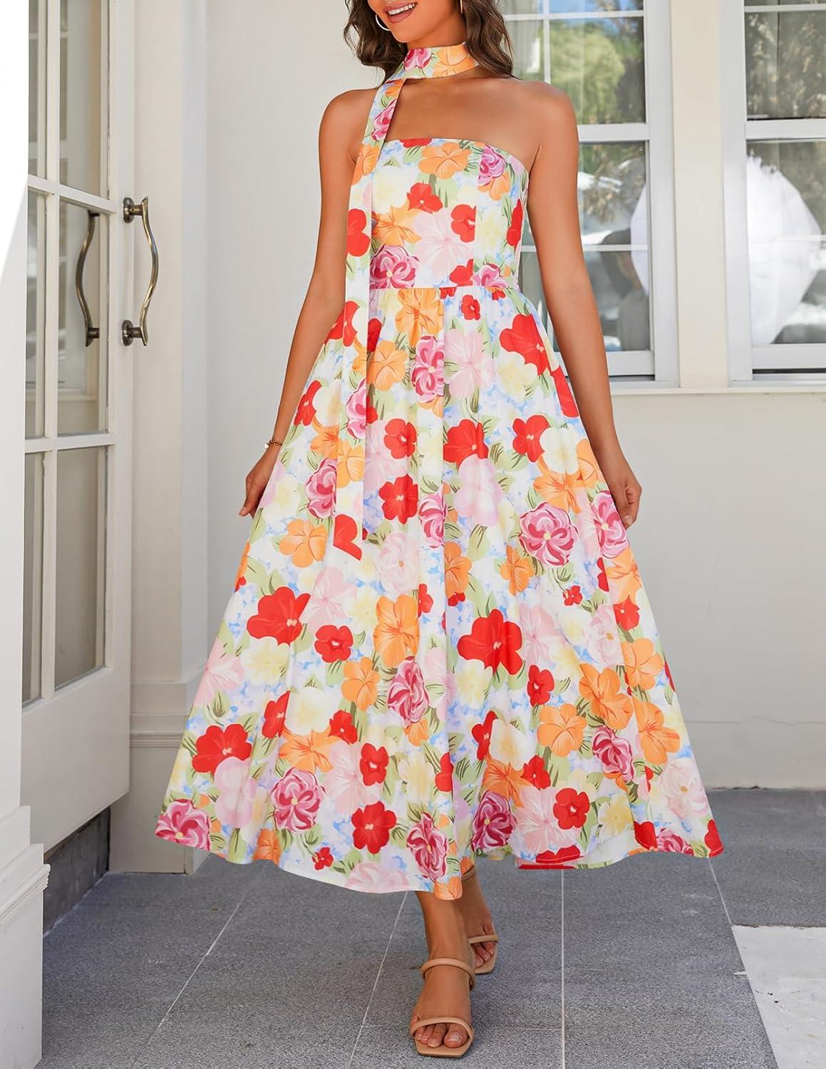imageMEROKEETY Womens Summer Floral Maxi Dresses 2026 Strapless Tube Smocked Tie Boho Beach Wedding Guest Flowy Long SundressMulticolored