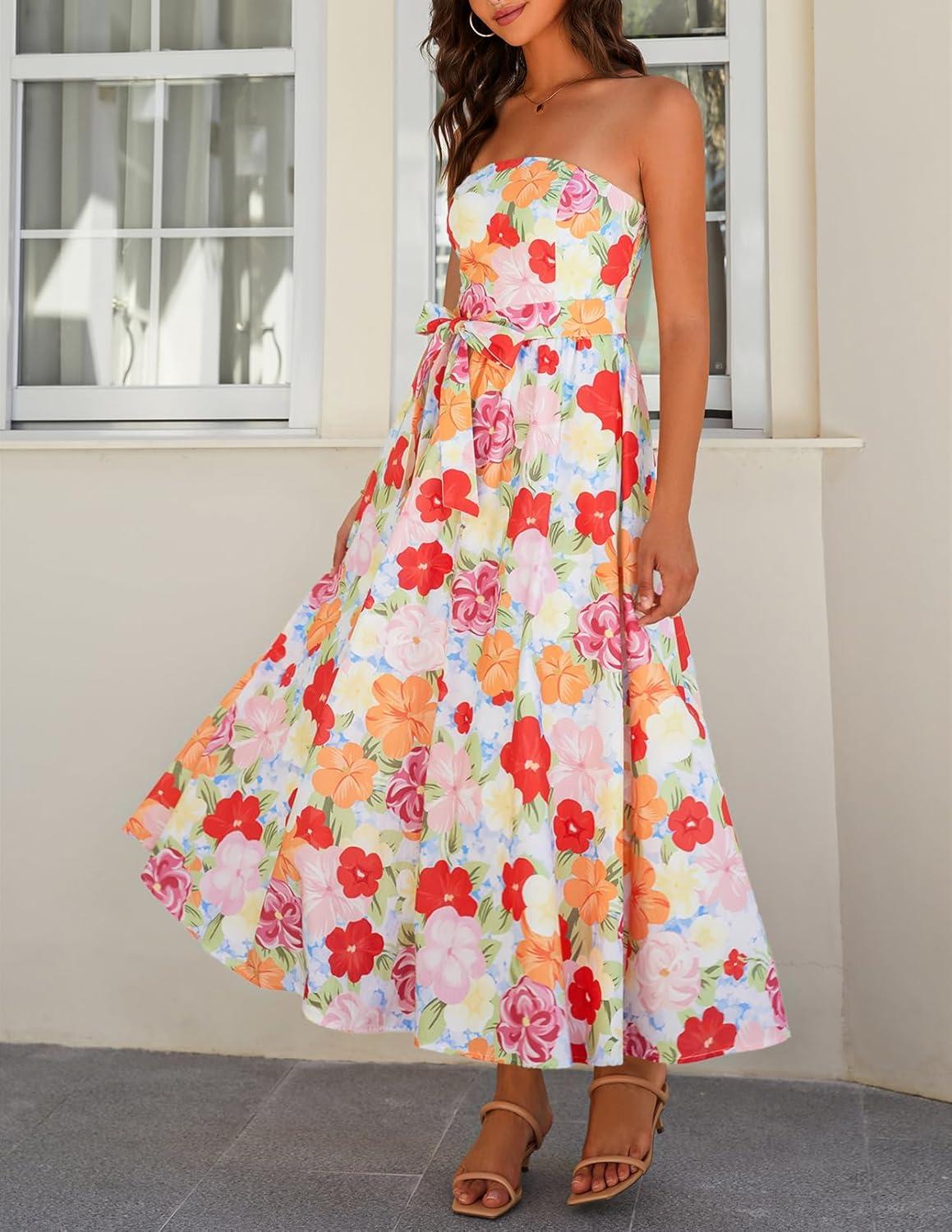 imageMEROKEETY Womens Summer Floral Maxi Dresses 2026 Strapless Tube Smocked Tie Boho Beach Wedding Guest Flowy Long SundressMulticolored