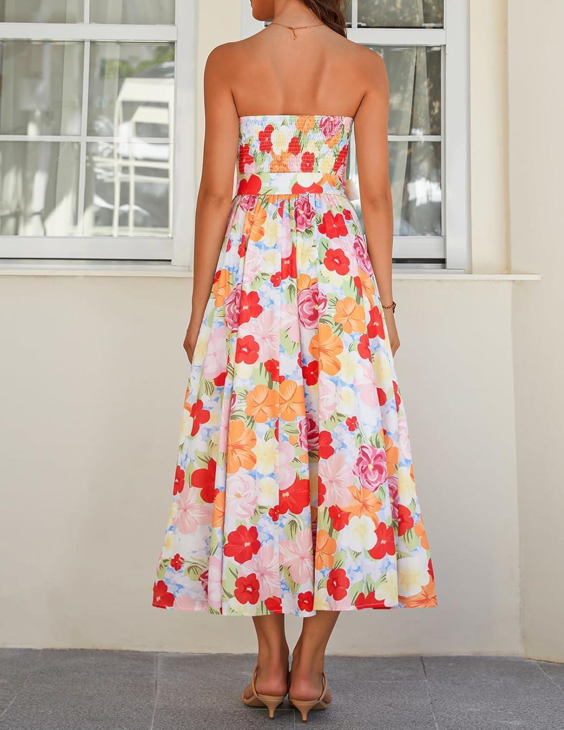 imageMEROKEETY Womens Summer Floral Maxi Dresses 2026 Strapless Tube Smocked Tie Boho Beach Wedding Guest Flowy Long SundressMulticolored