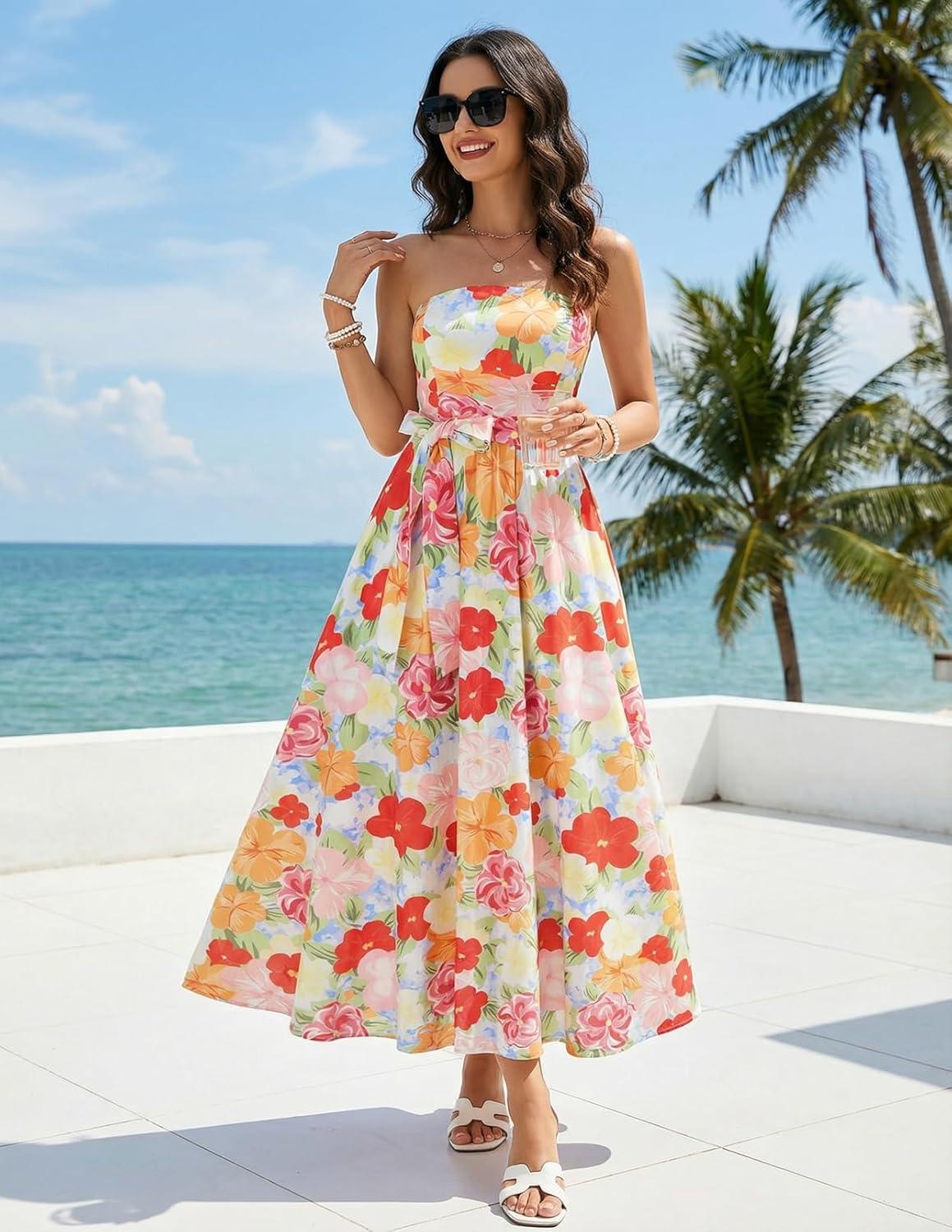 imageMEROKEETY Womens Summer Floral Maxi Dresses 2026 Strapless Tube Smocked Tie Boho Beach Wedding Guest Flowy Long SundressMulticolored