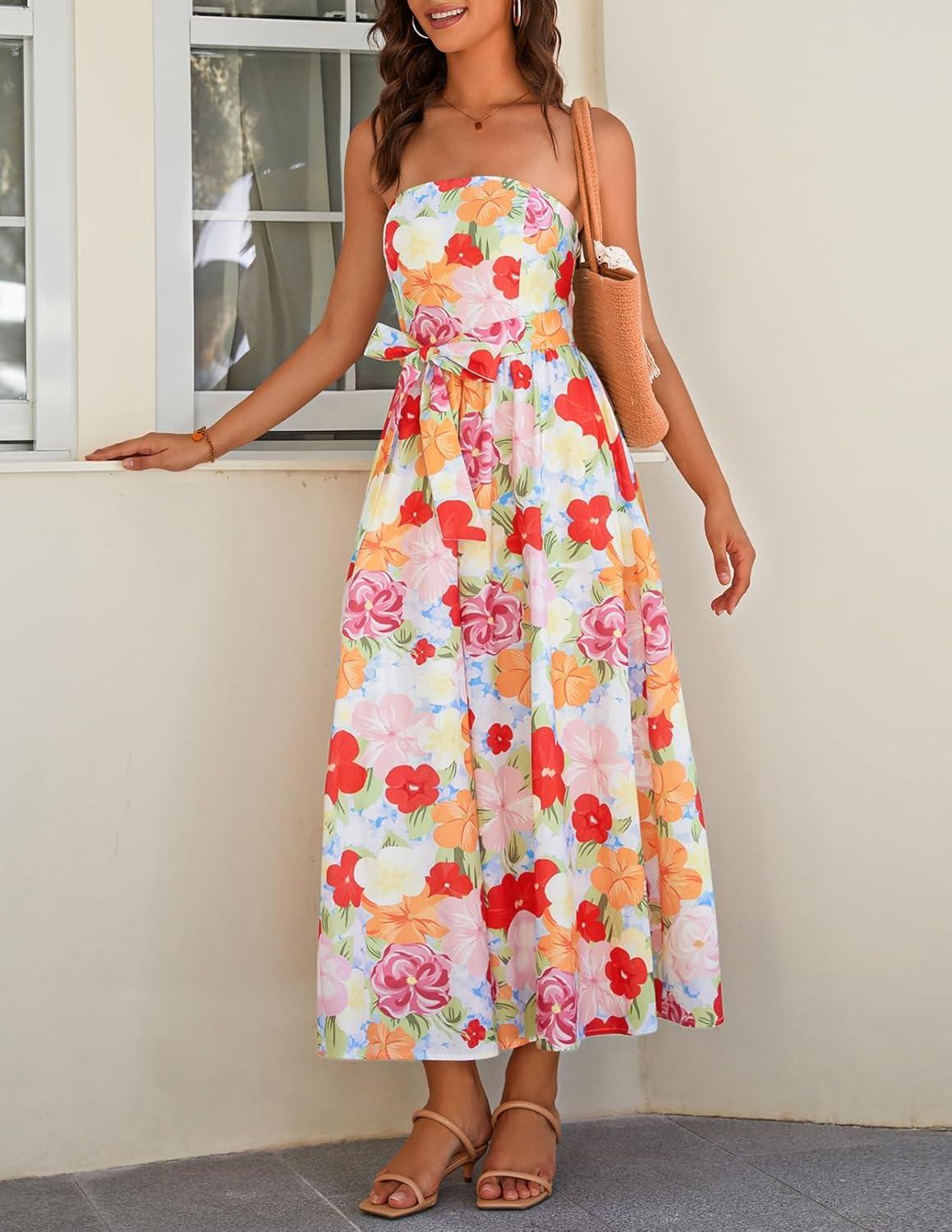 imageMEROKEETY Womens Summer Floral Maxi Dresses 2026 Strapless Tube Smocked Tie Boho Beach Wedding Guest Flowy Long SundressMulticolored