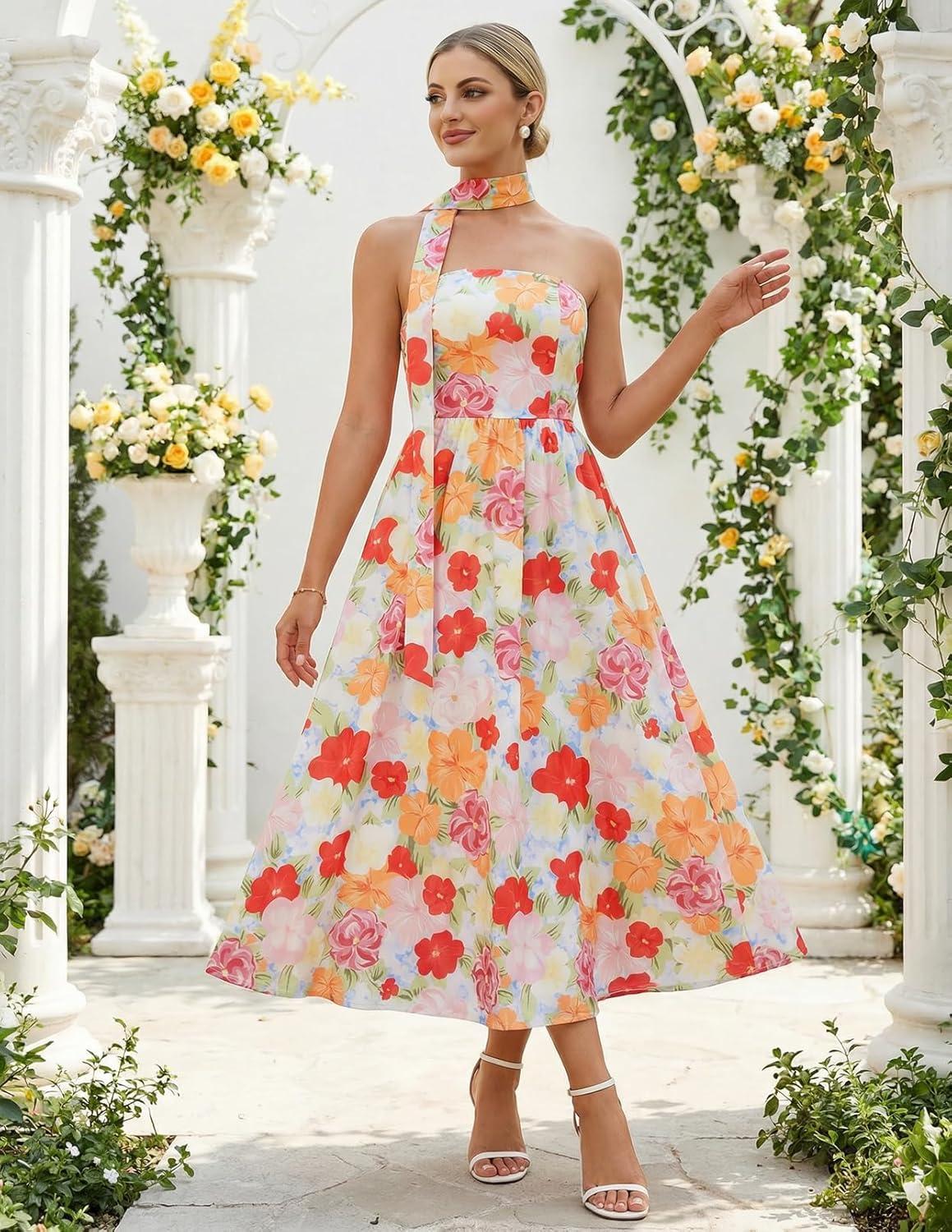 imageMEROKEETY Womens Summer Floral Maxi Dresses 2026 Strapless Tube Smocked Tie Boho Beach Wedding Guest Flowy Long SundressMulticolored