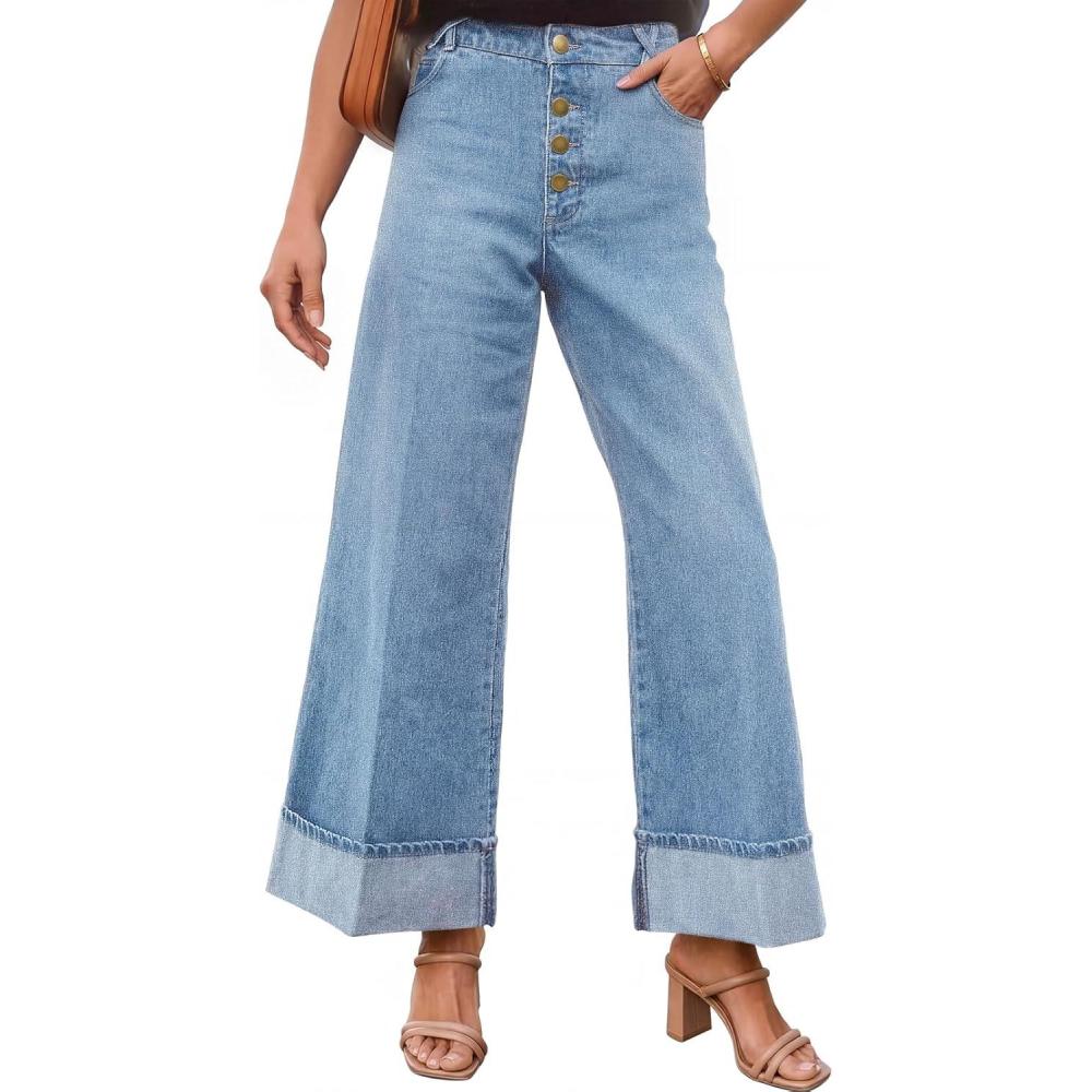 imageMEROKEETY Wide Leg Jeans Women 2026 Baggy Trendy Mid Rise Button Fly Straight Leg Turnedup Hem Denim Pants with PocketsSkyblue